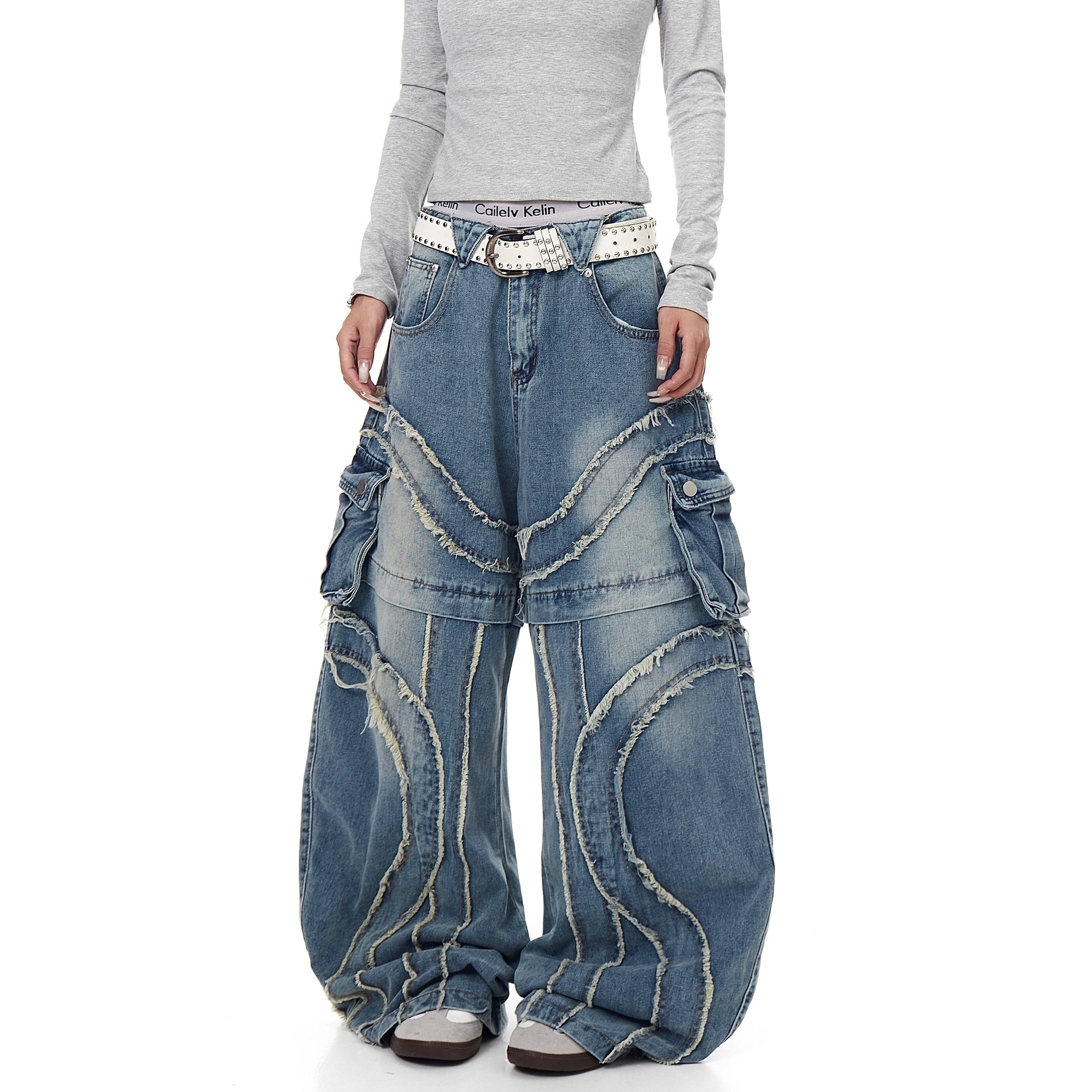 Raw Edge Stitching Cargo Jeans BK7022