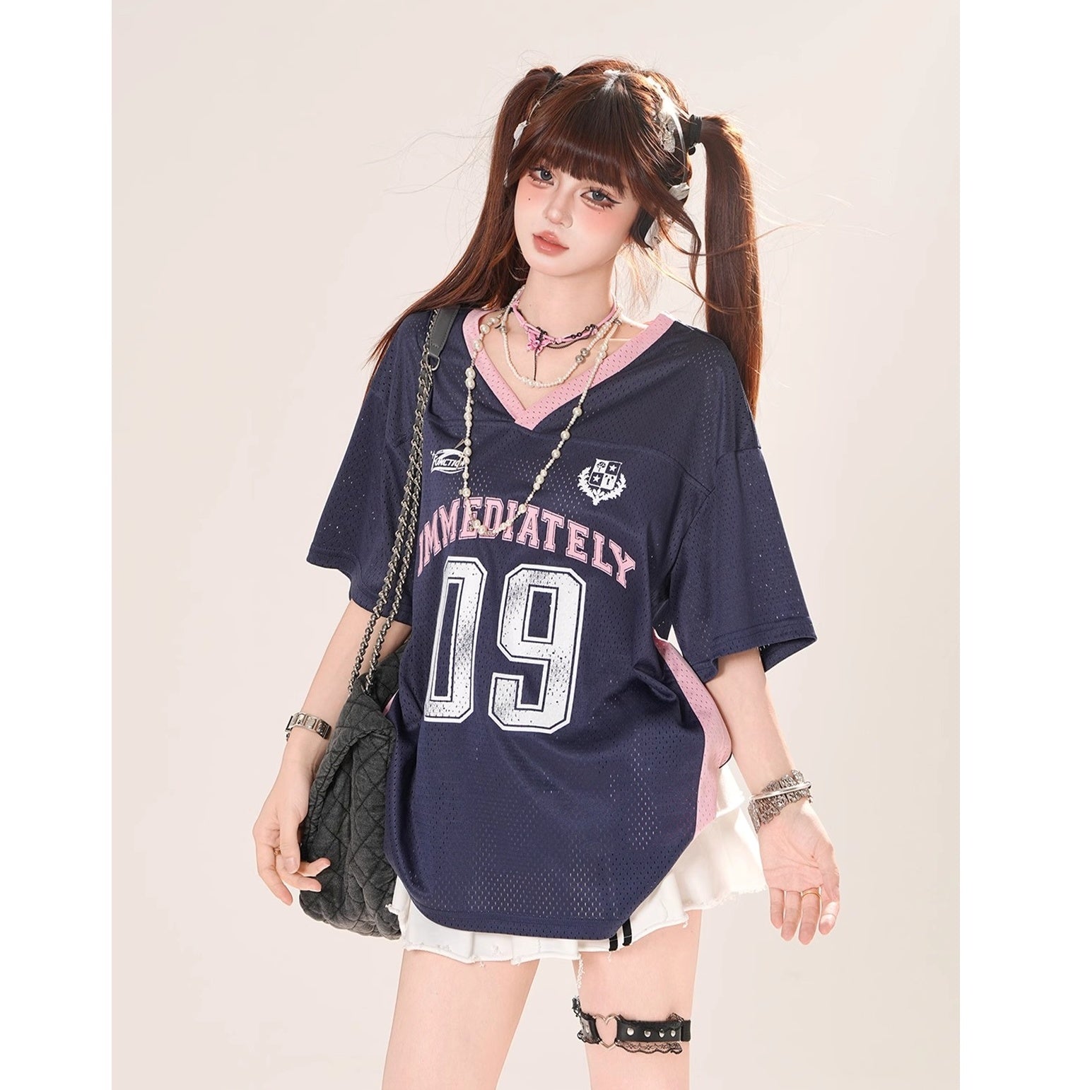 Drop-shoulder V-Neck Mesh T-Shirt KK2070