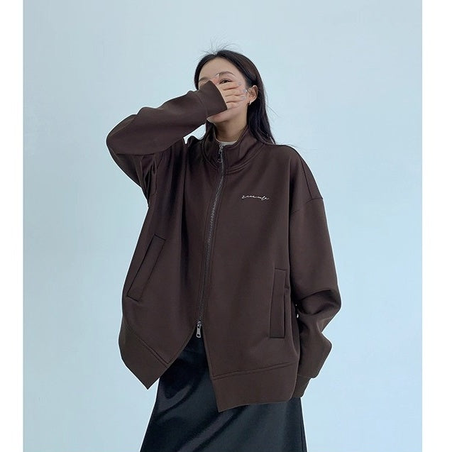 Double Zipper Stand Collar Loose Jacket OS2041