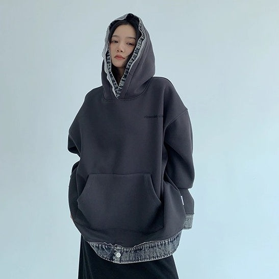 Contrasting Splicing Denim Hooded Sweat OS2056
