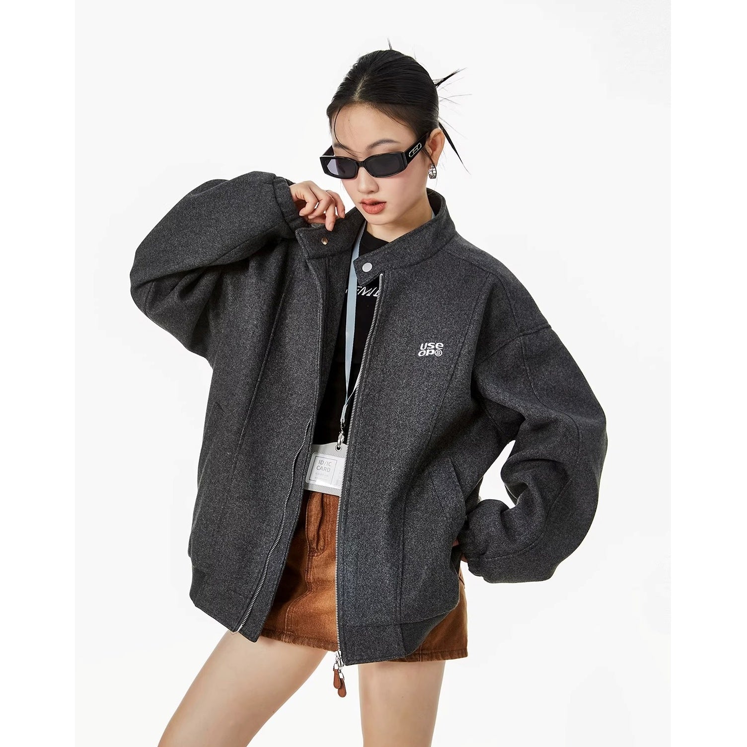 Embroidered Stand Collar Zip Jacket IC9119