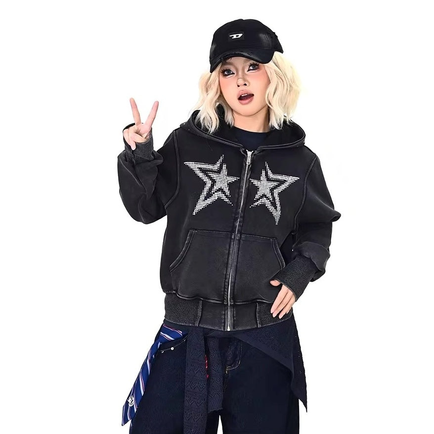 Rhinestone Star Decoration Hooded Parka MW10387