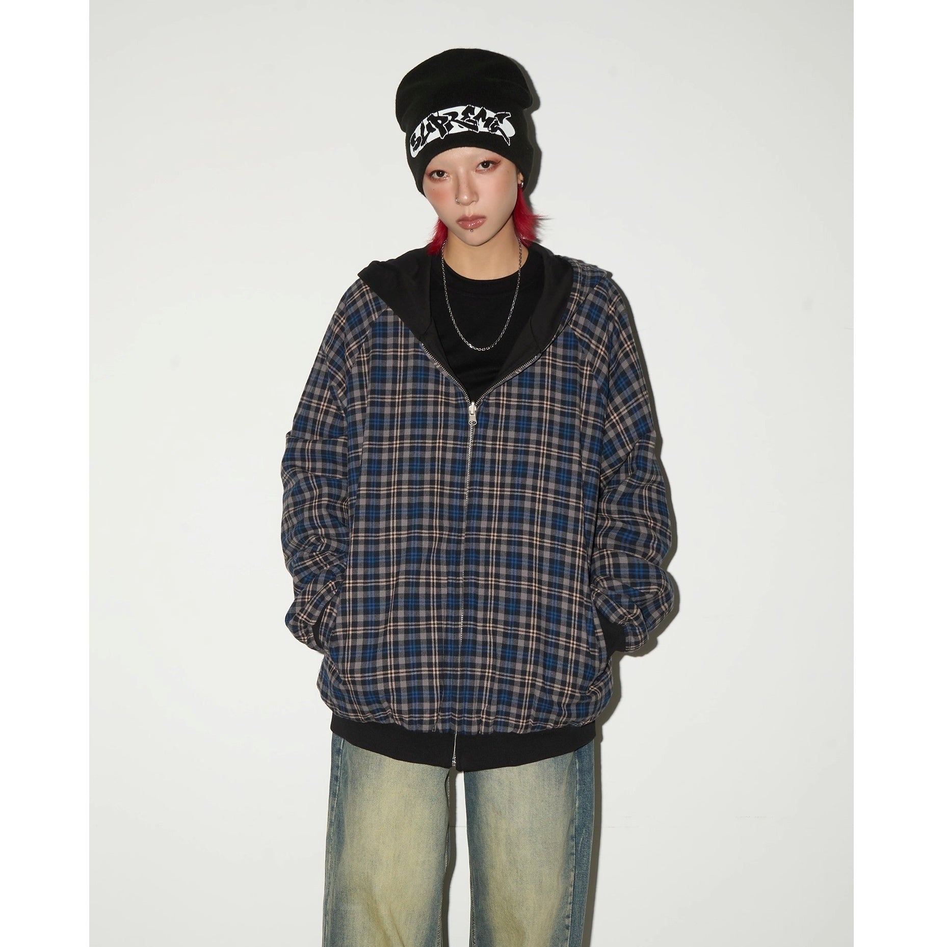 Reversible Plaid Hooded Sweat Jacket MN9040
