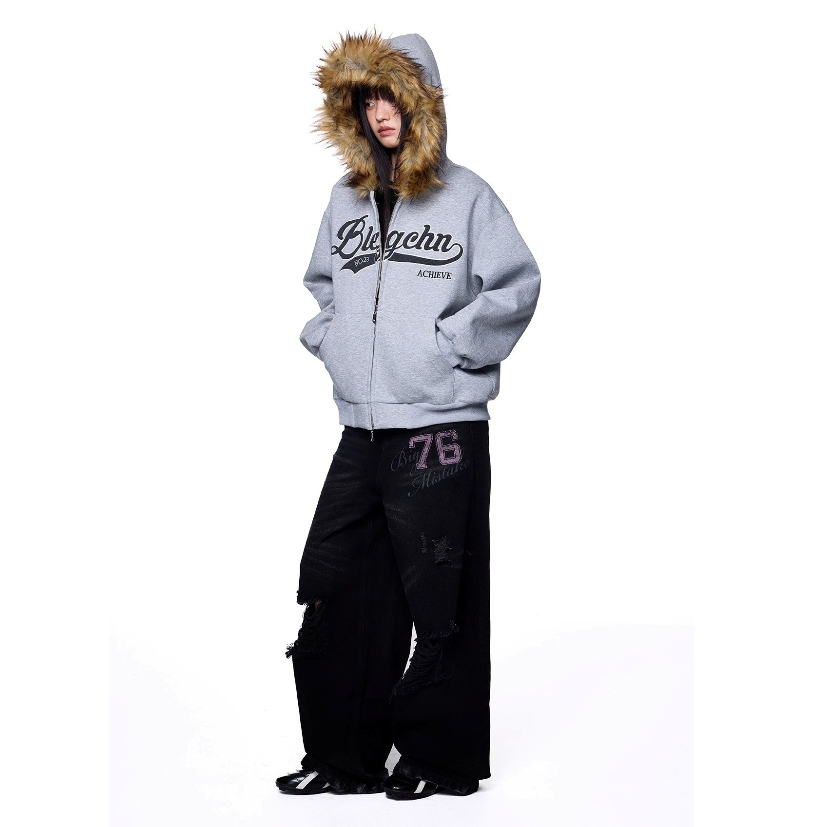 Monogram Embroidered Fur Collar Hooded Sweat Jacket EZ262