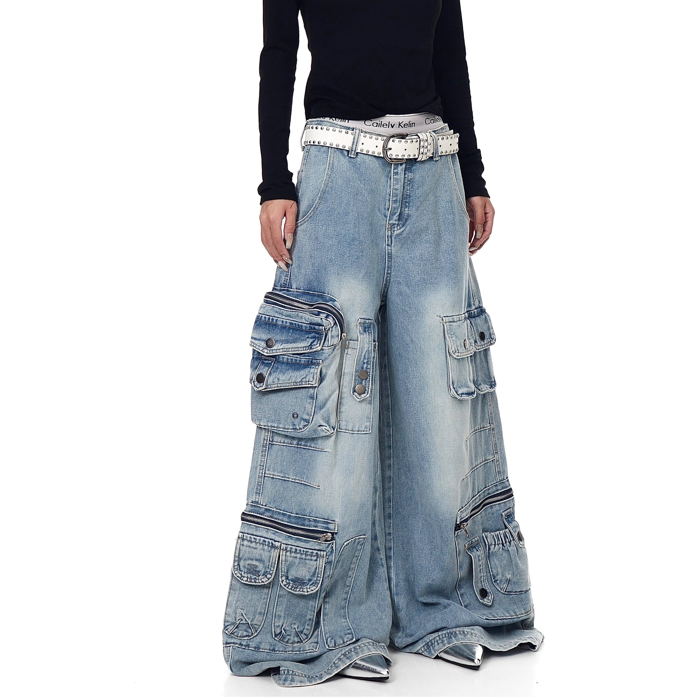 Washed Wide Buggy Cargo Jeans BK7028