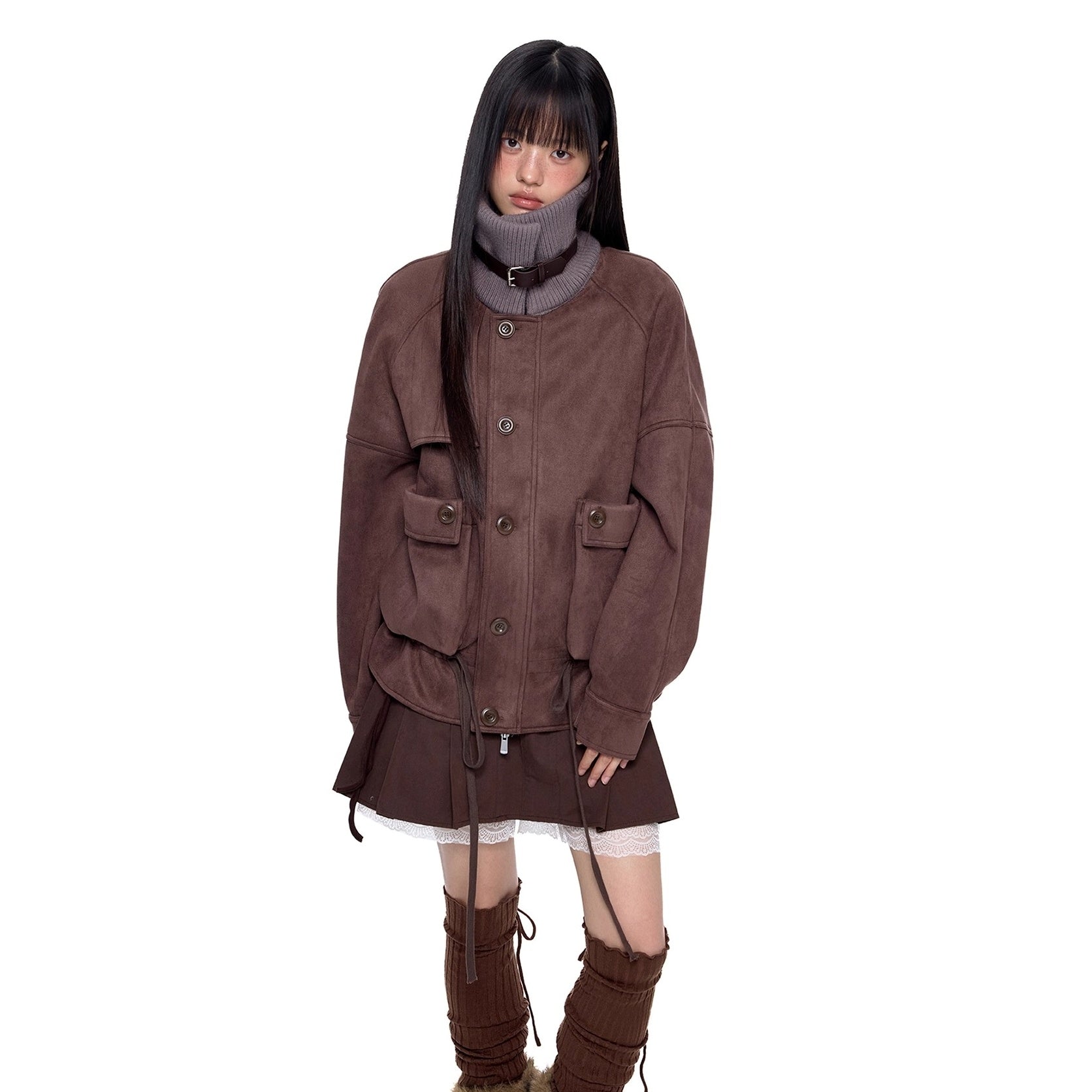 Knitted High Neck Drawstring Faux Suede Jacket EZ252