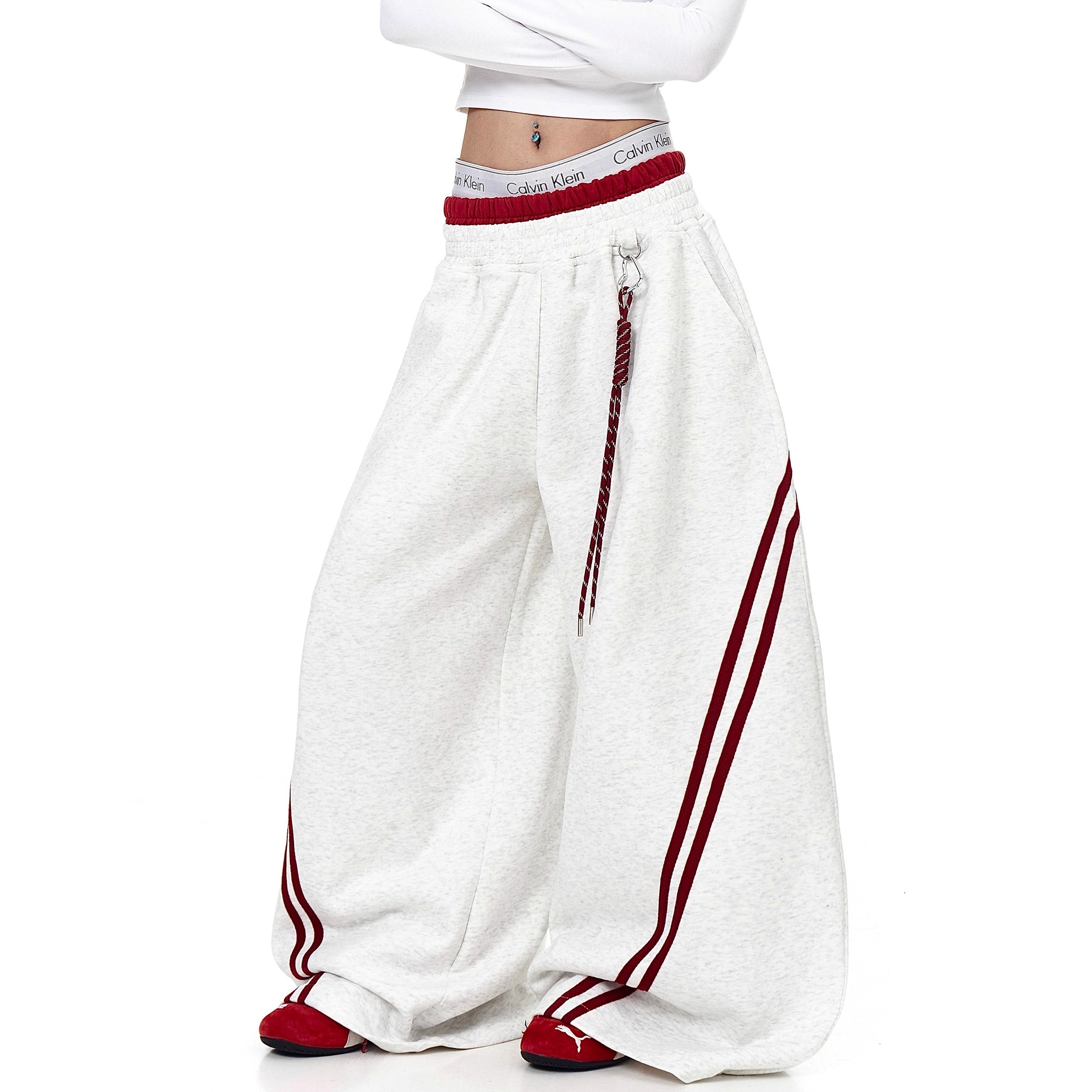 Striped Patchwork Double-waisted Scimitar Sweat Pants BK7044