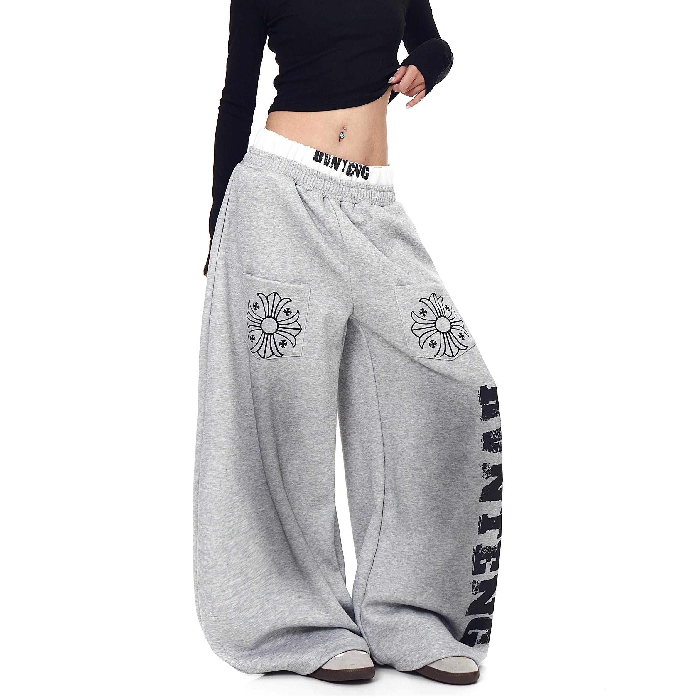 Double-Waist Letter Print Sweat Curve Pants BK7056