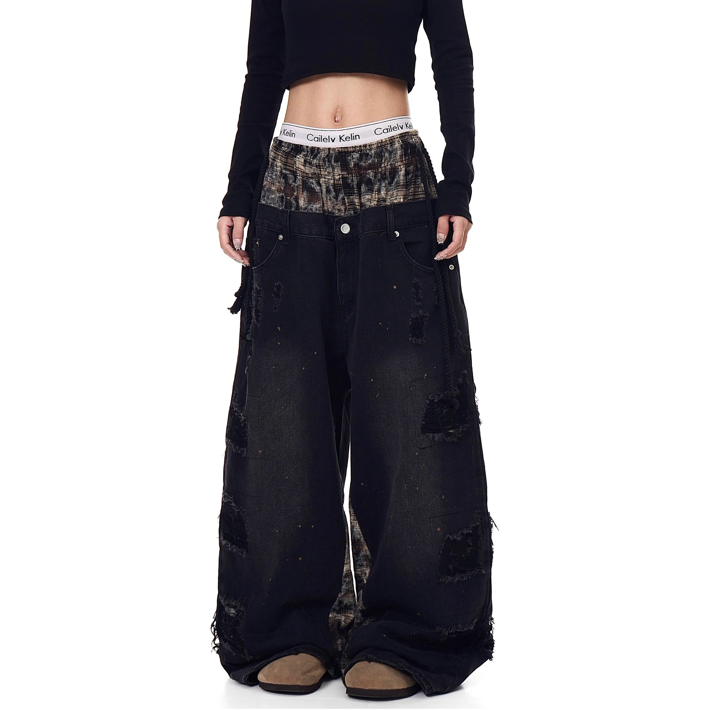 Double Waist Splicing Ripped Curve Jeans MW10273