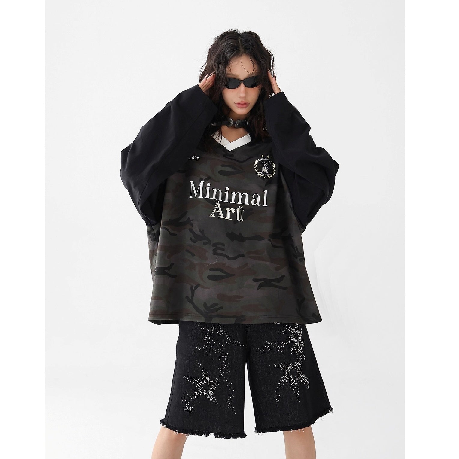 Camouflage Stitched V-Neck Long Sleeve T-Shirt AC7142