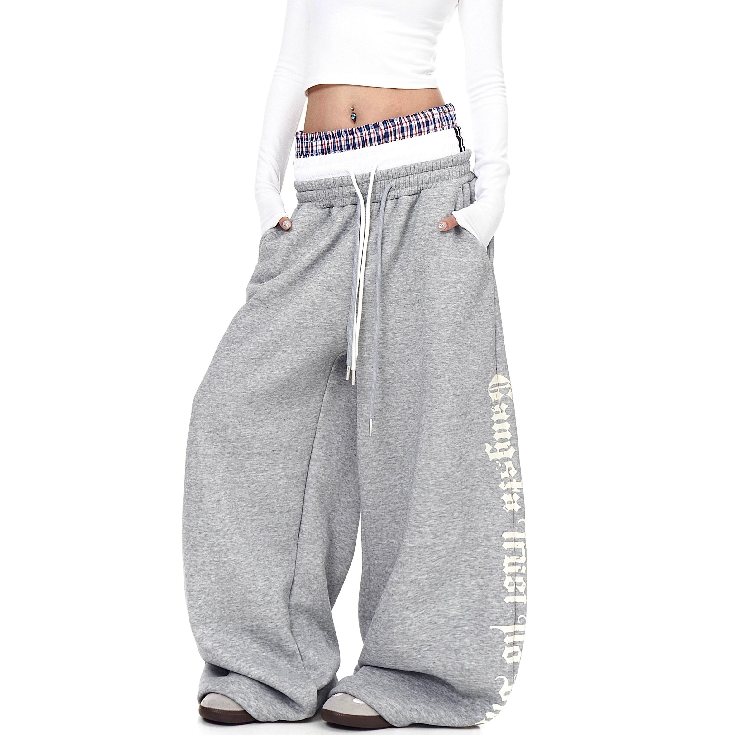 Triple-waist Patchwork Letter Drawstring Sweat Pants BK7063