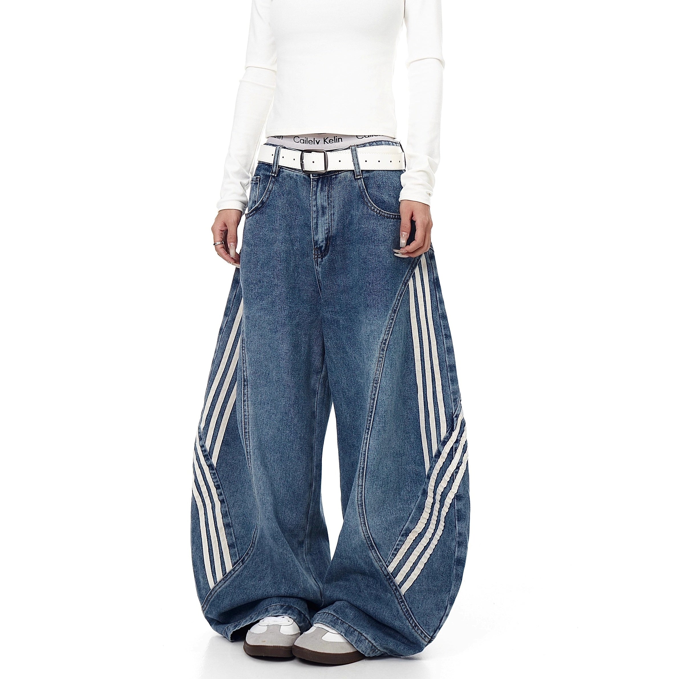 Striped Patchwork Washed Scimitar Jeans BK7031