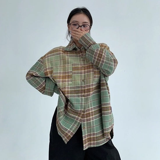 Distressed Gradient Plaid Long-sleeved Shirt OS2022
