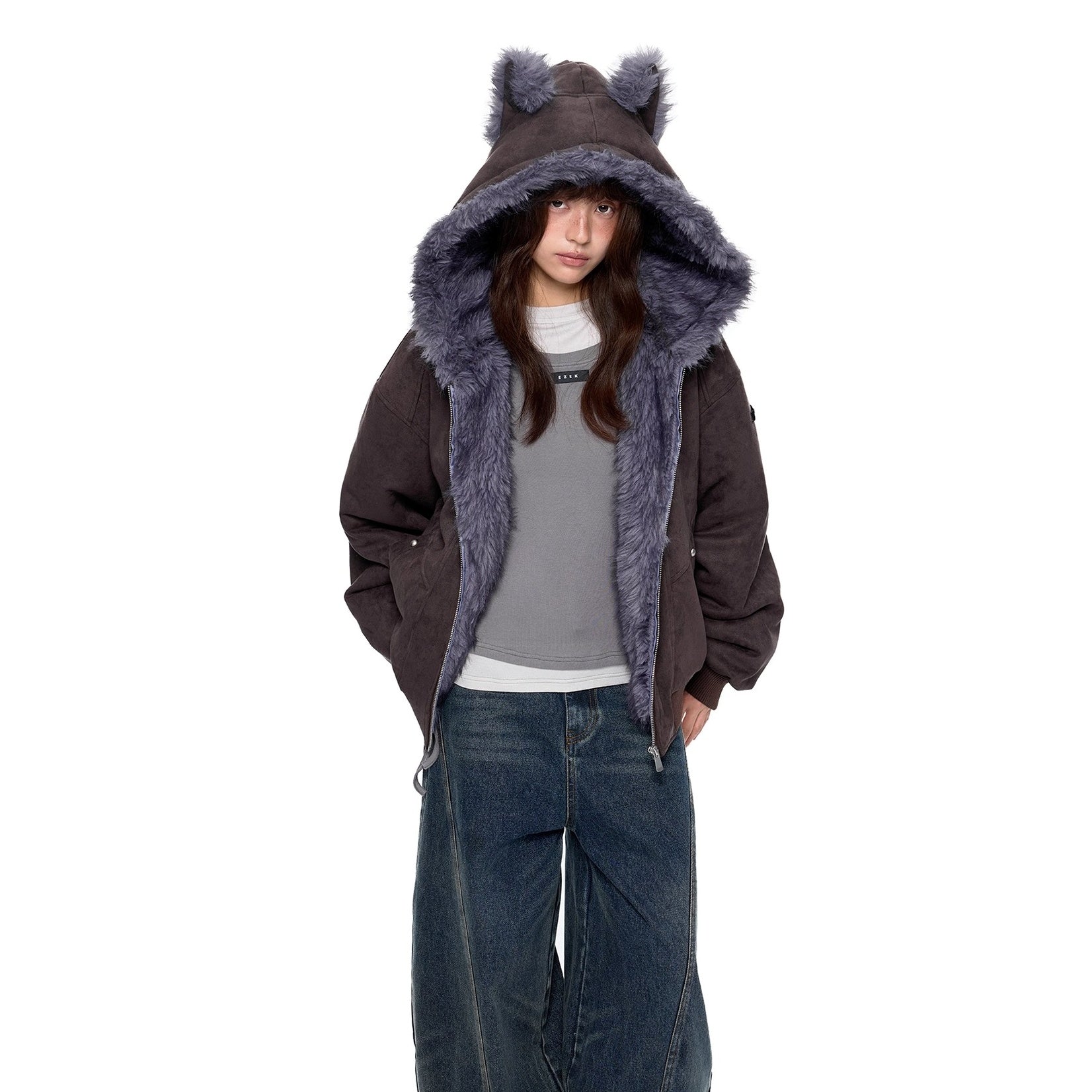 Cat Ear Fluffy Imitation Suede Hooded Jacket EZ250