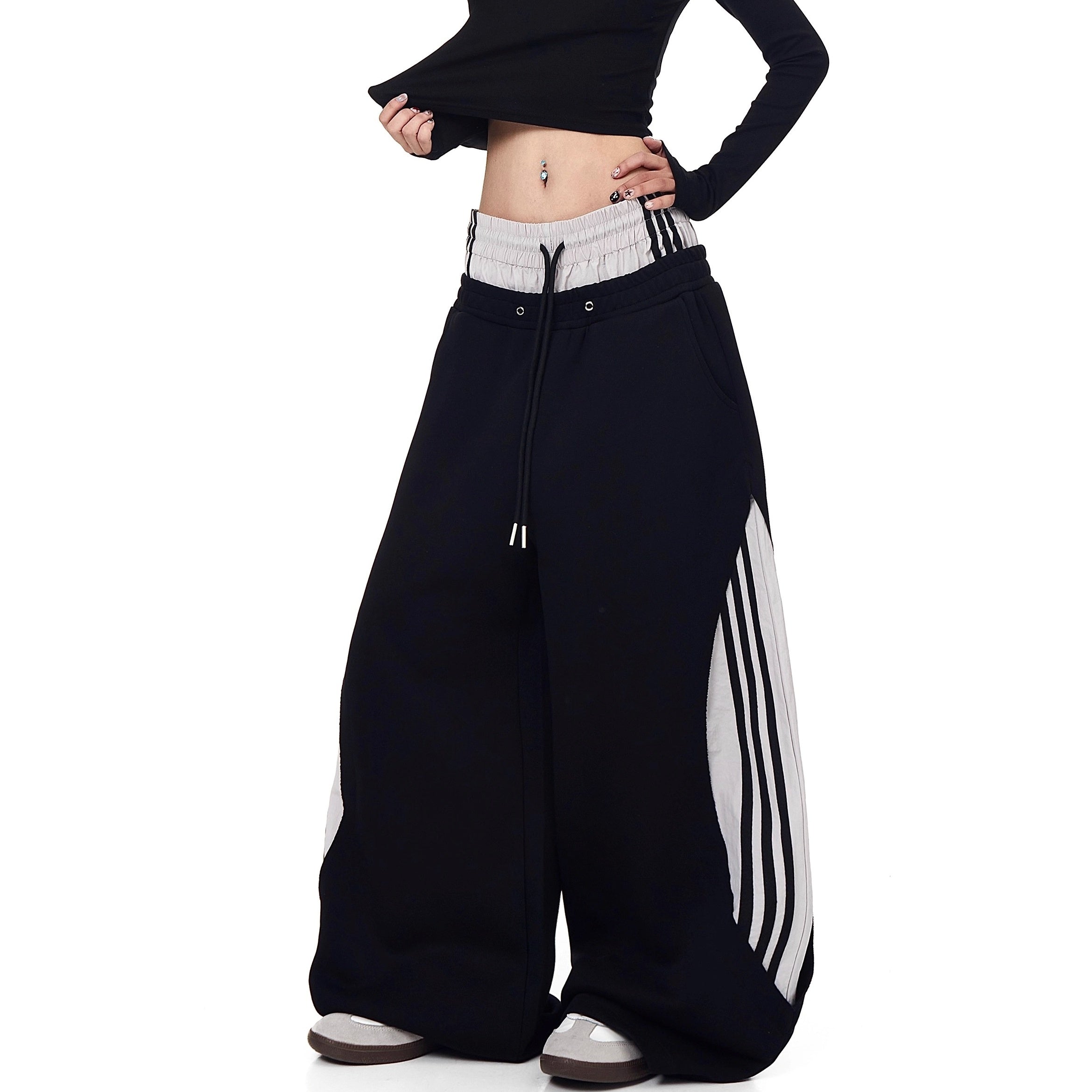 Double-Waist Striped Splicing Scimitar Sweat Pants BK7050