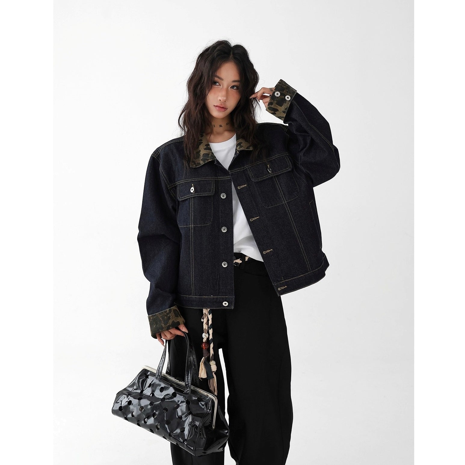 Leopard Collar Stitched Denim Jacket AC7154