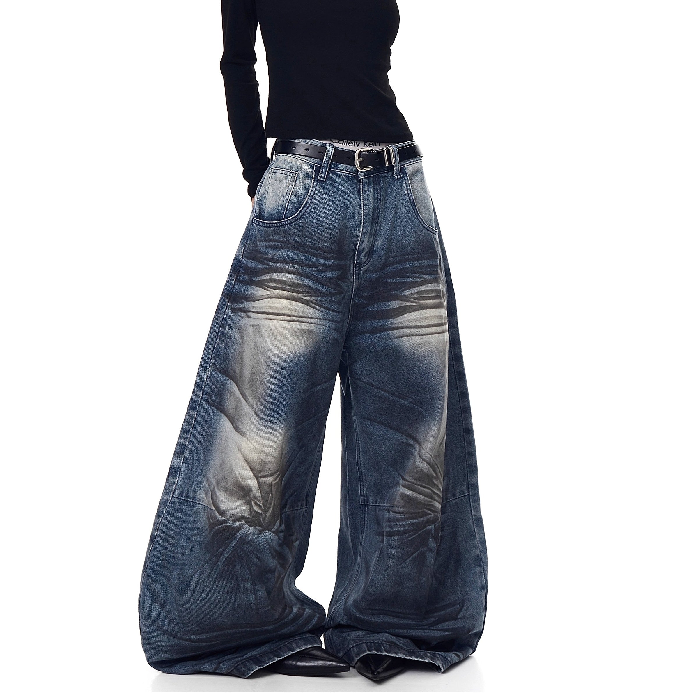 Washed Cat Whisker Printed Scimitar Jeans BK7029
