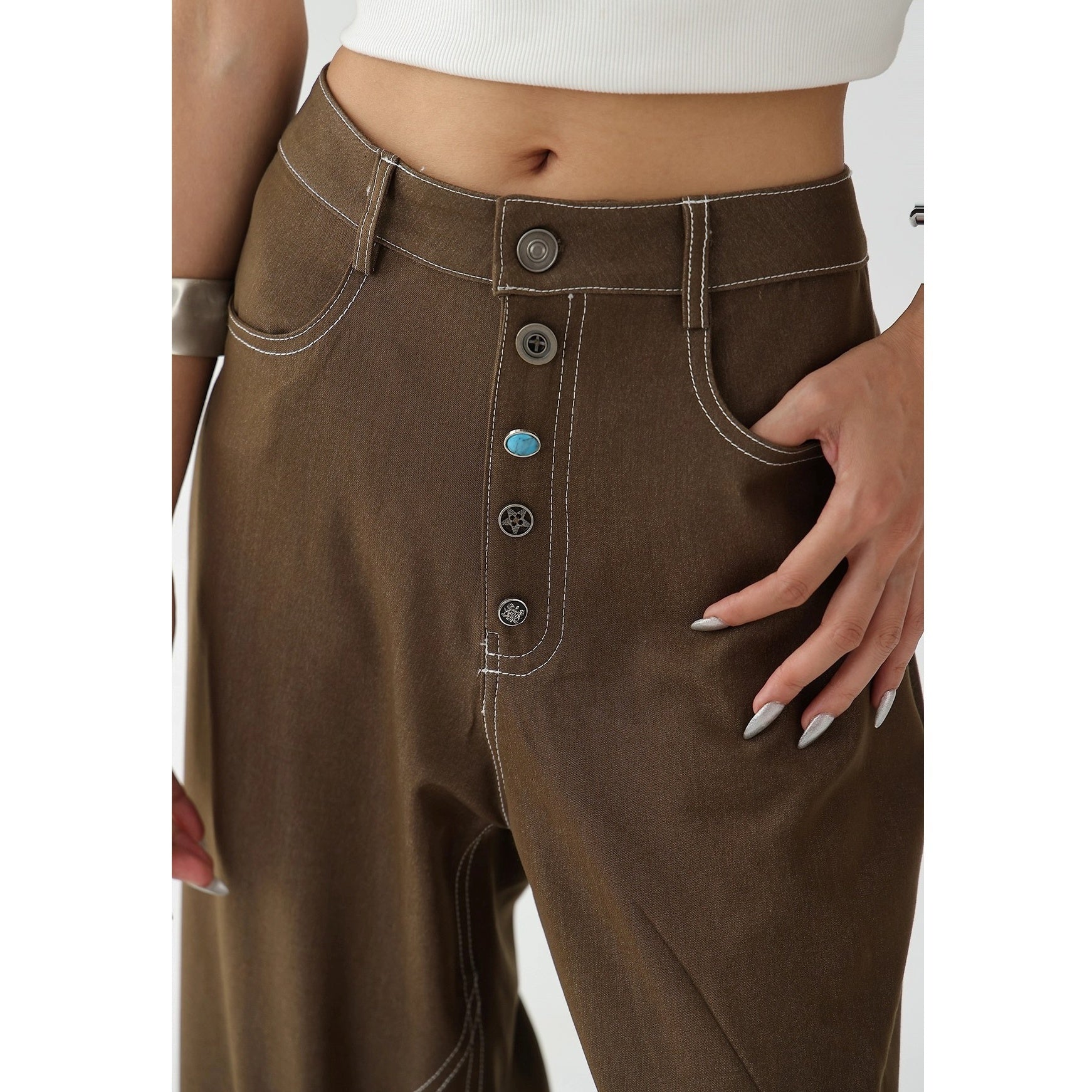 Button  Wide-leg Stitch Pants AC7130