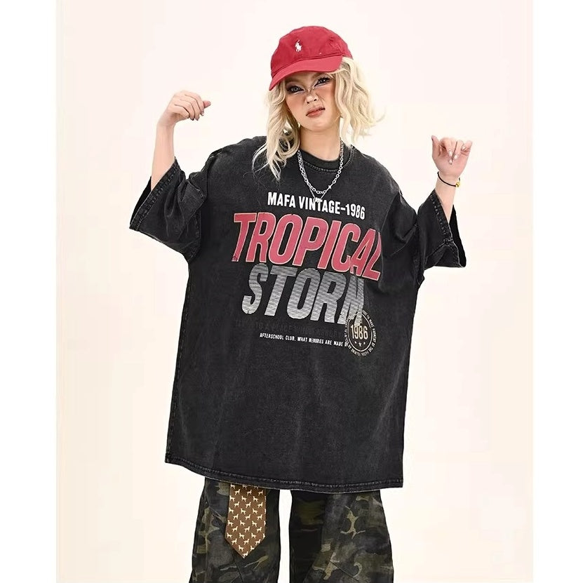 Washed Letter Print Over Size T-shirt MW10372