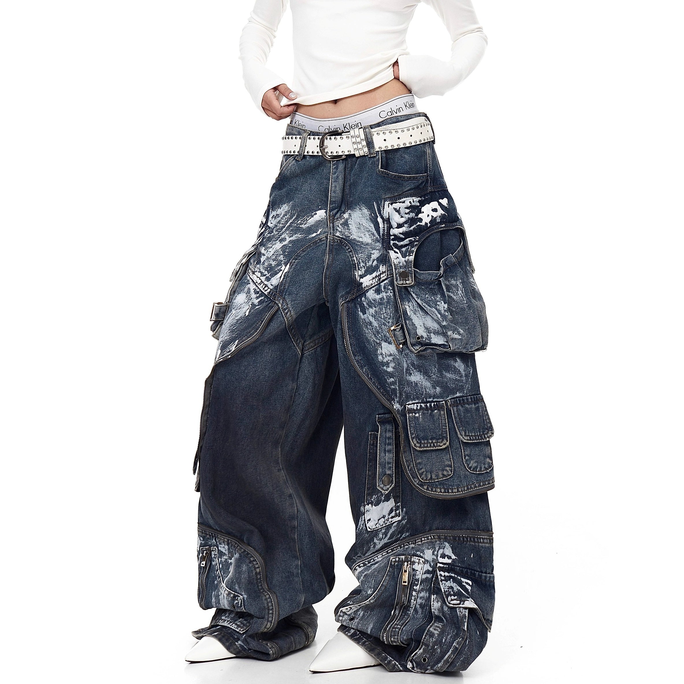 Dirty Worn Zipper Splicing Cargo Jeans BK7043