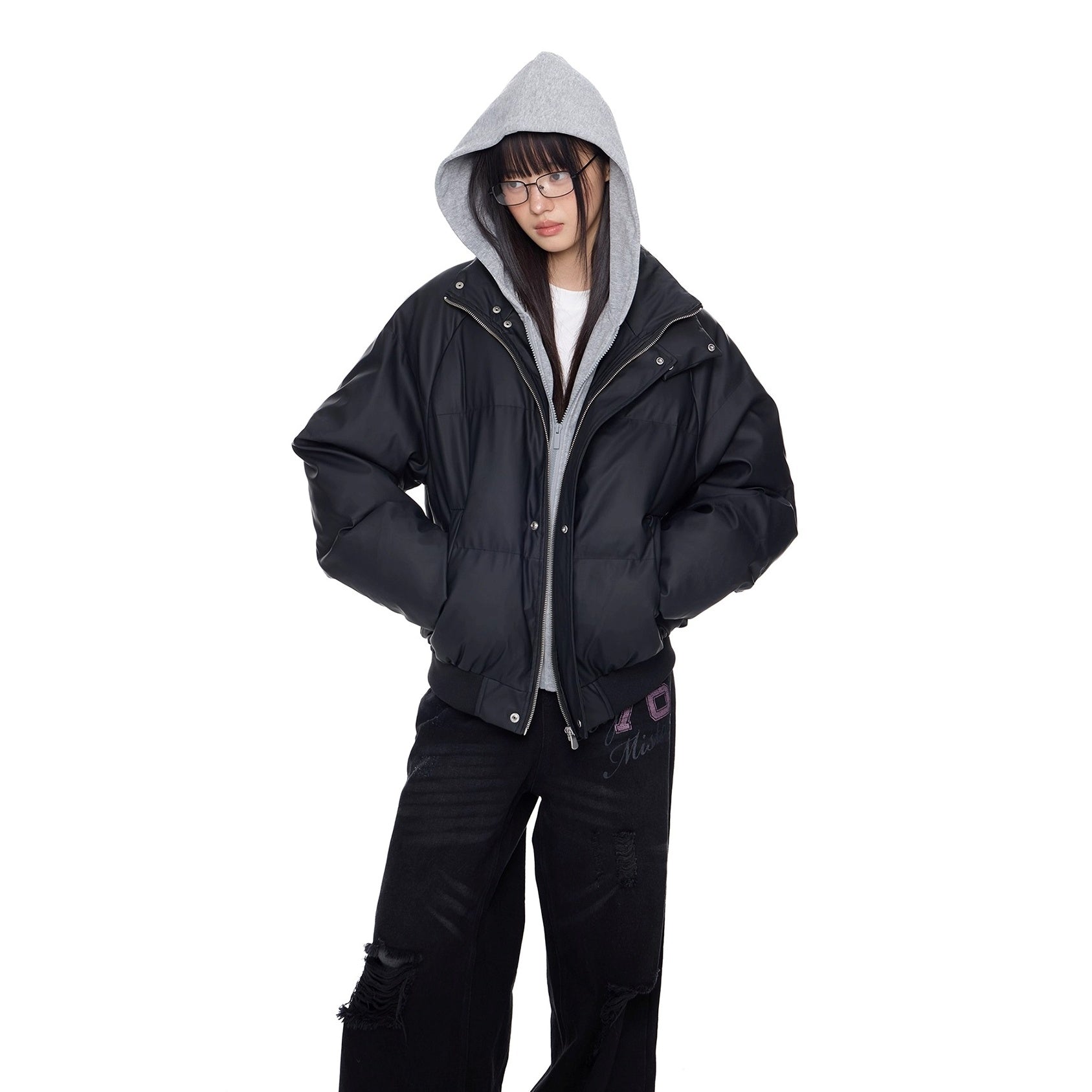 Contrast Color Hooded PU Leather Jacket EZ286