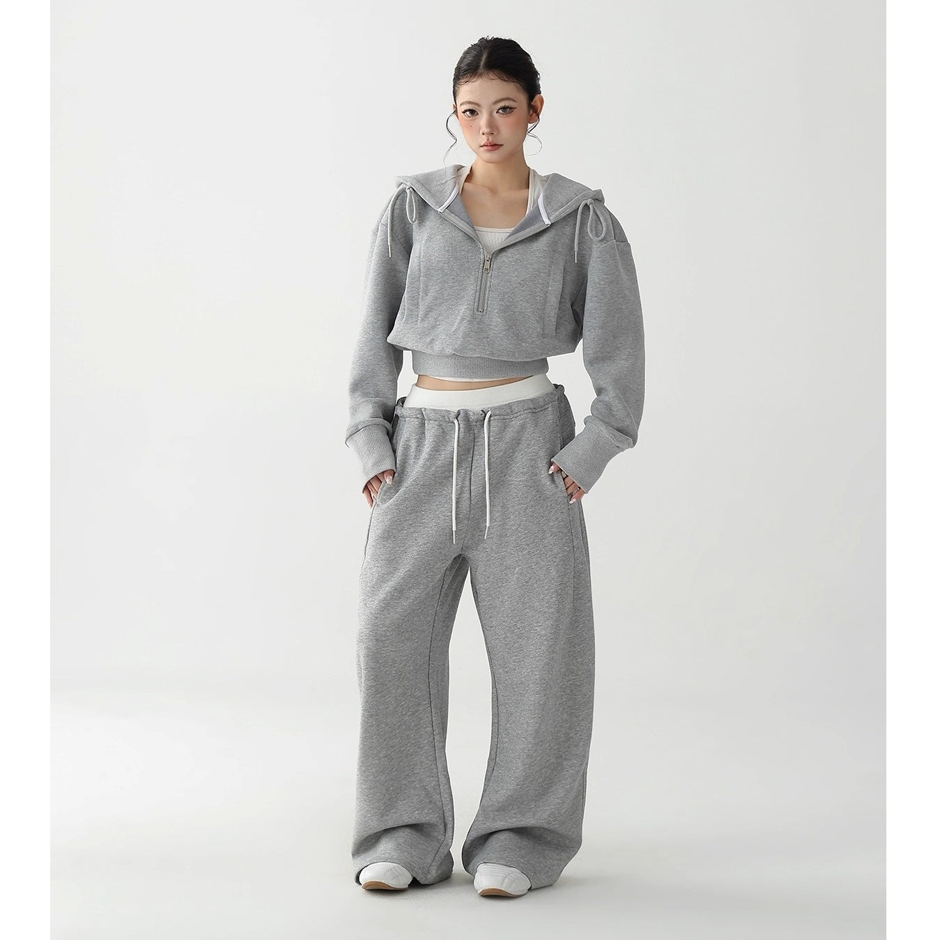 【上下別売り】Half-ZIP Cropped Hoodie & Loose Pants Set-up AC7159