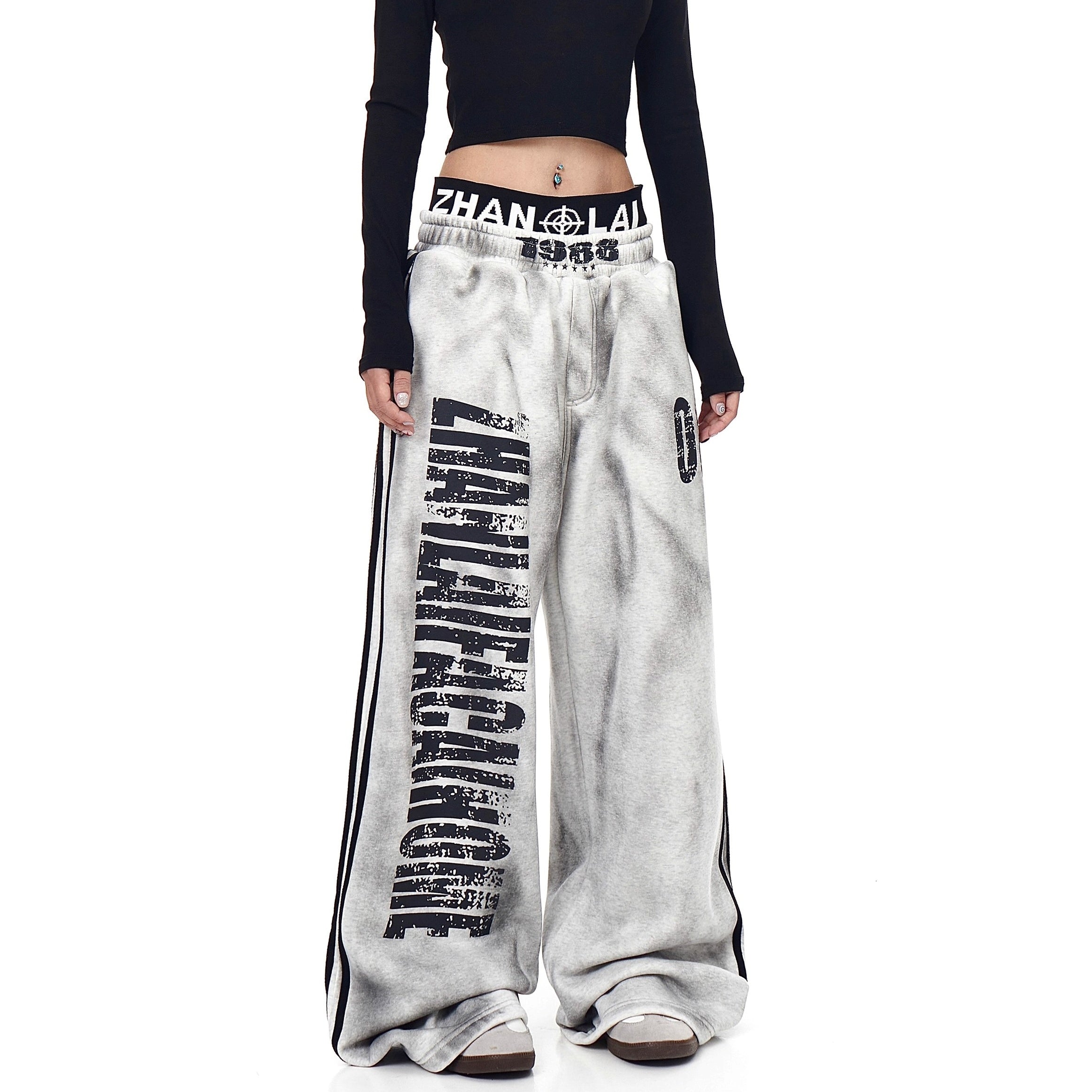 Dirty Distressed Printed Double Waist Sweat Pants BK7041