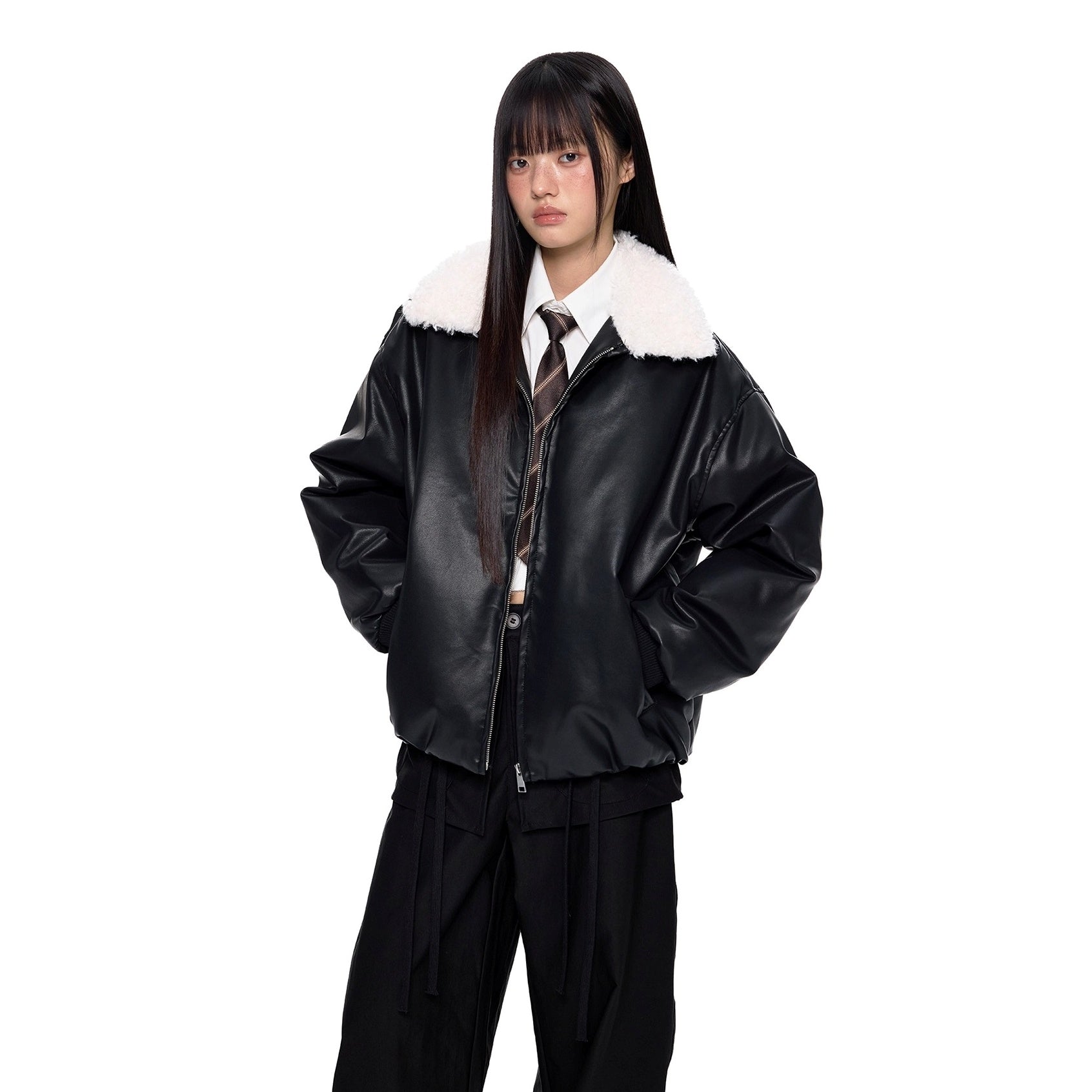 Contrast Lapel PU Leather Jacket EZ255
