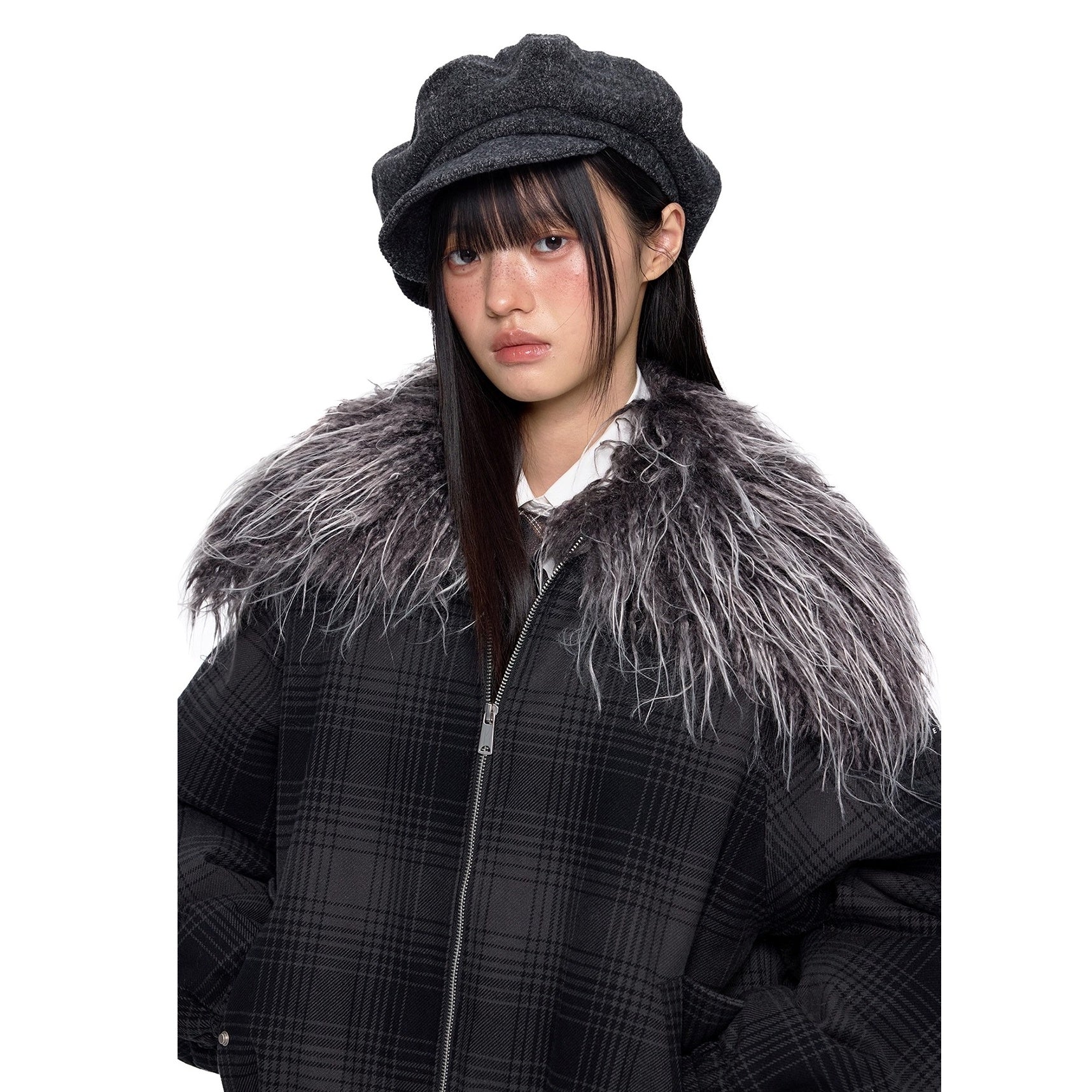 Fur Collar Shawl Plaid Jacket EZ249