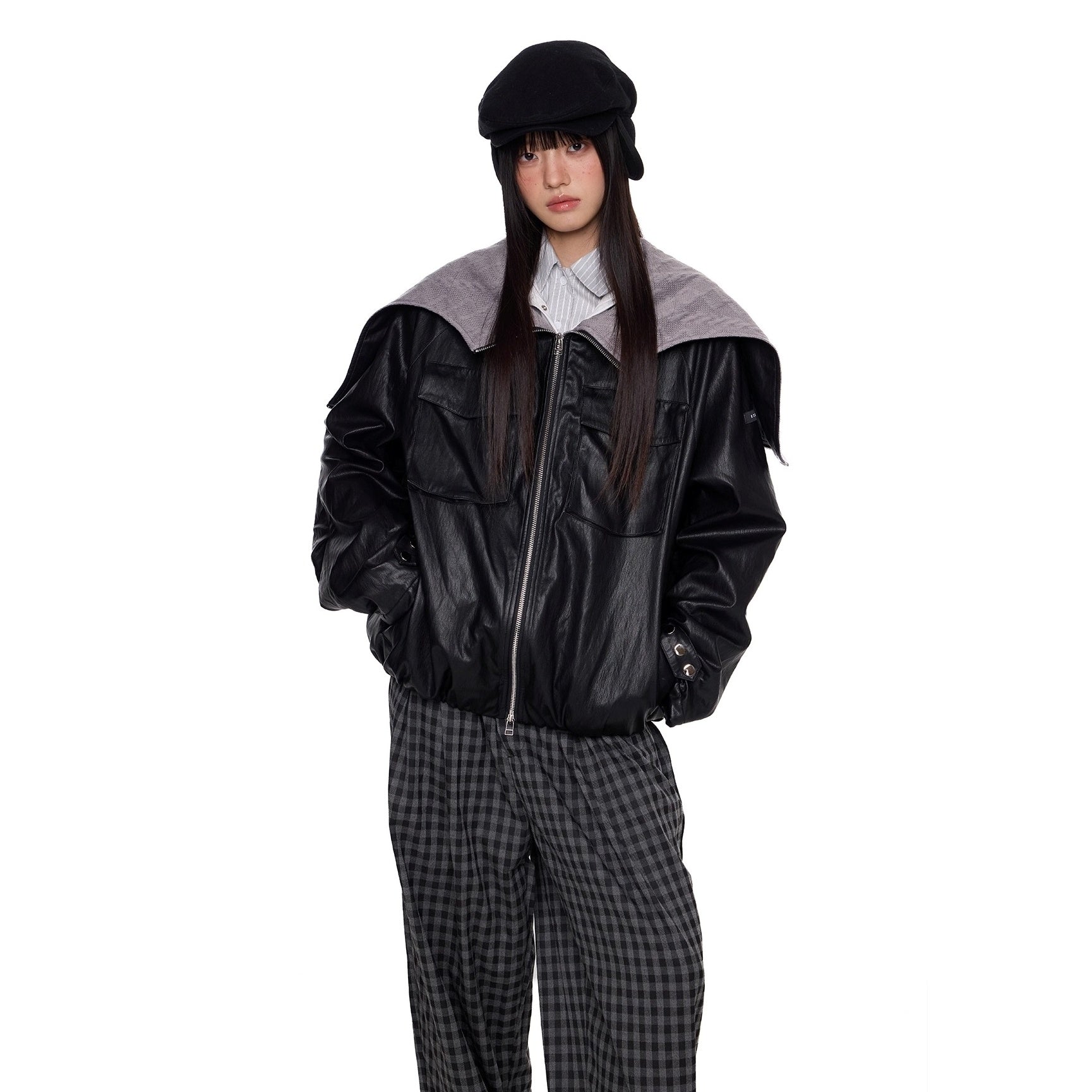 Zipper Split Hood PU Leather Jacket EZ261