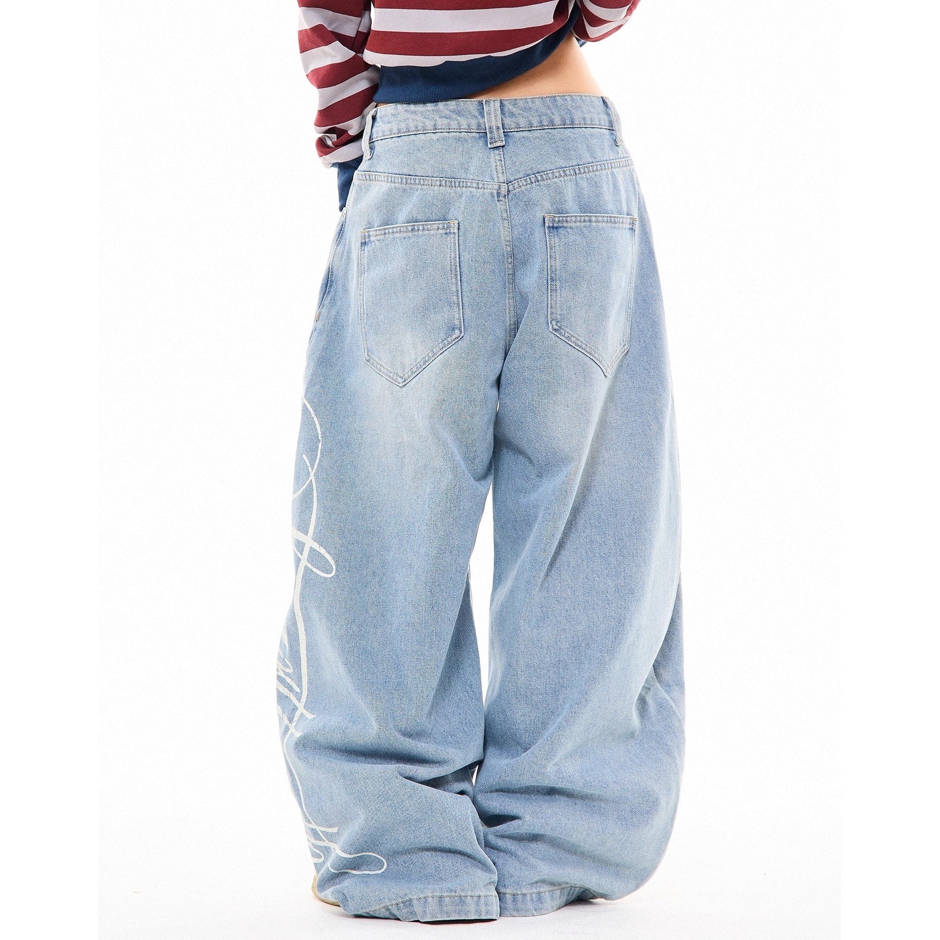 Side Print Washed Cat Whiskers Curve Jeans MW10259