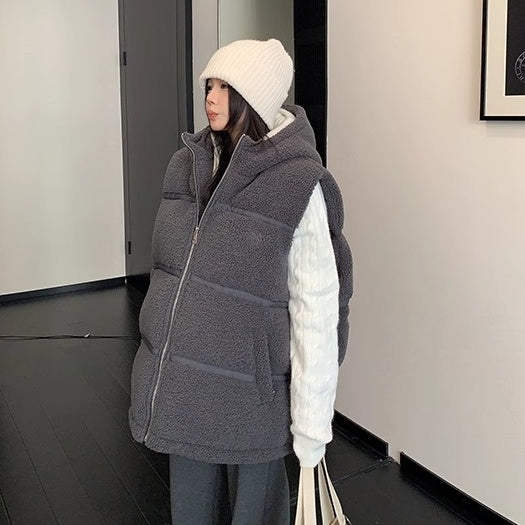 Loose Hooded Boa Padded Vest OS2073