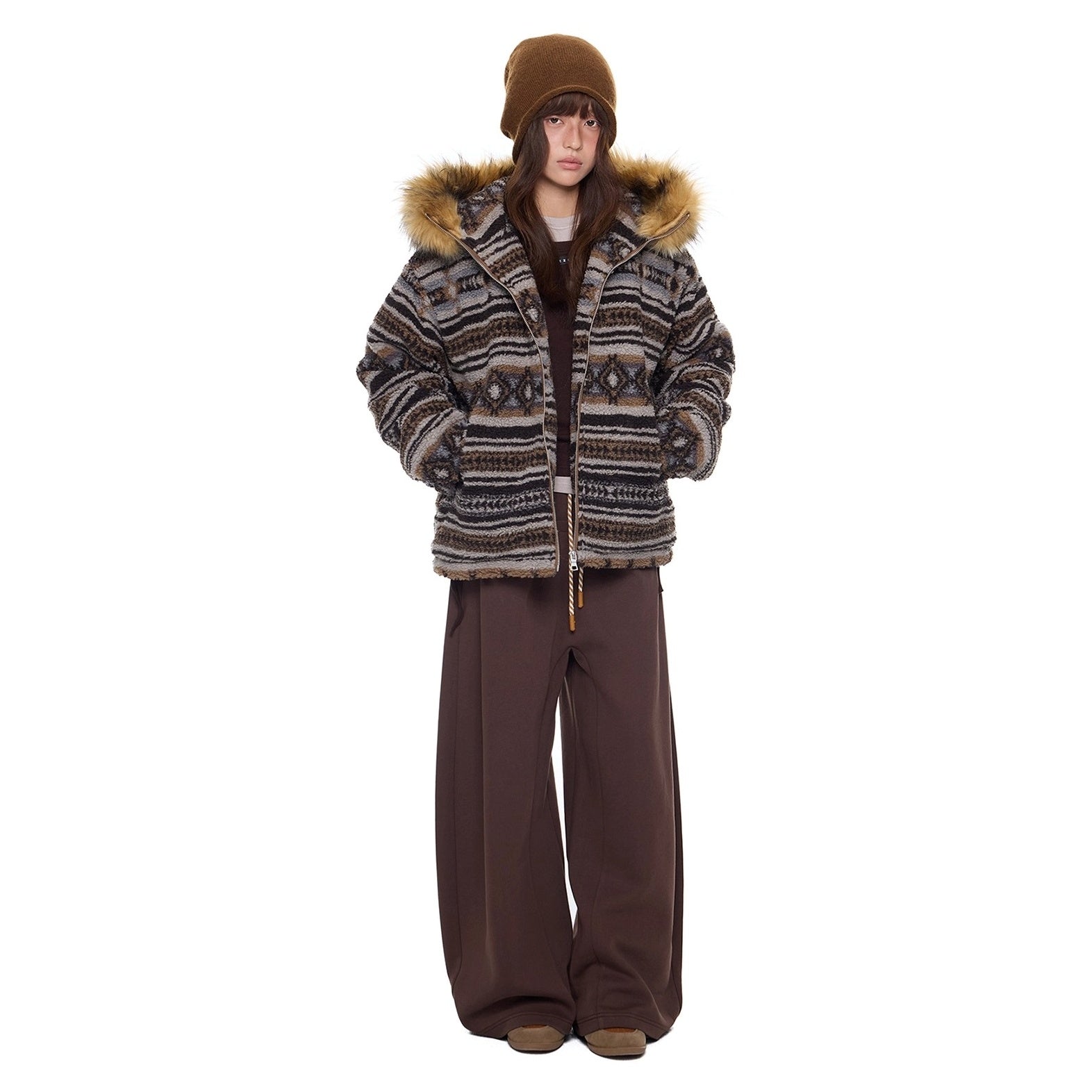 Ethnic Pattern Fur Collar Hooded Jacket EZ280