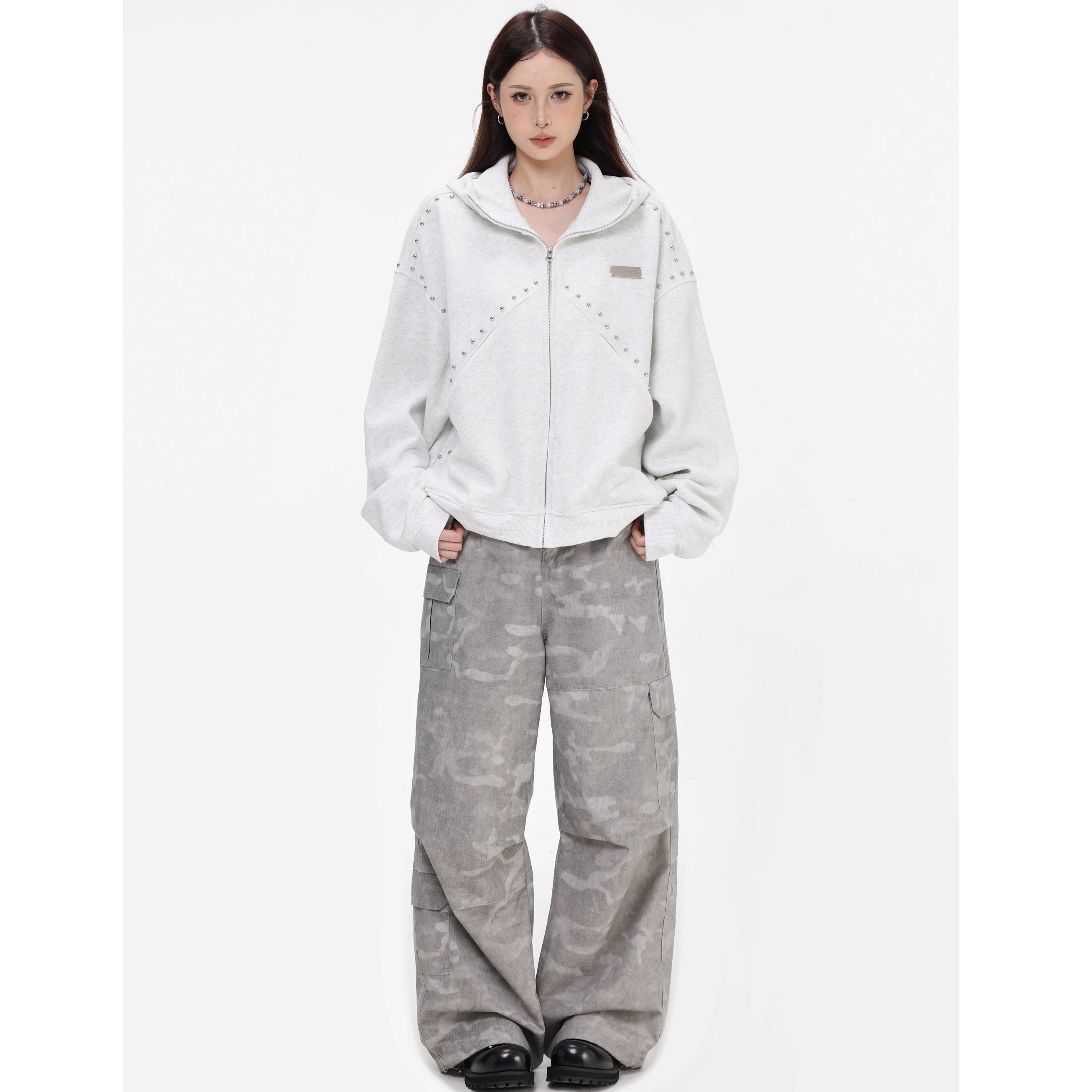 Stitched Rivet Zipper Hooded Jacket IN7016