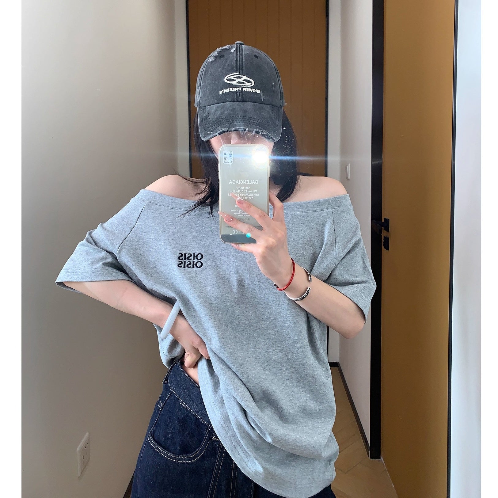 Cropped Slanted Shoulder Embroidered T-shirt OS2017