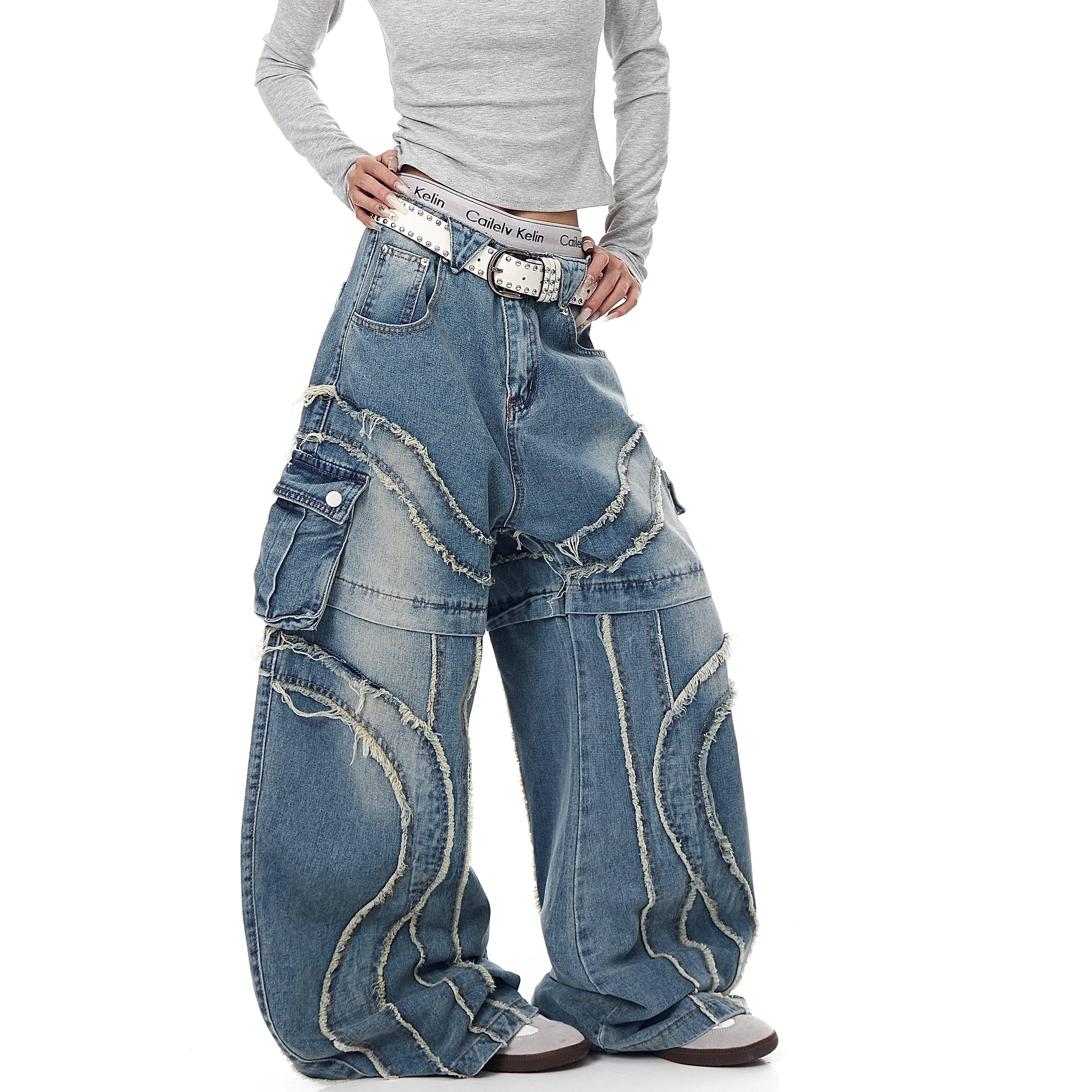 Raw Edge Stitching Cargo Jeans BK7022
