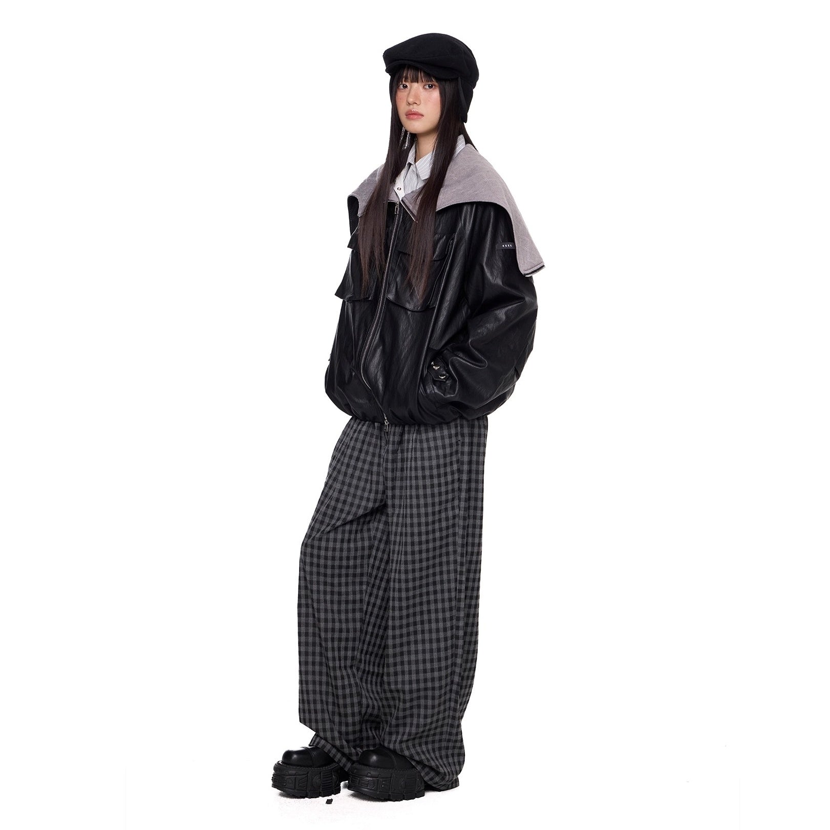 Zipper Split Hood PU Leather Jacket EZ261