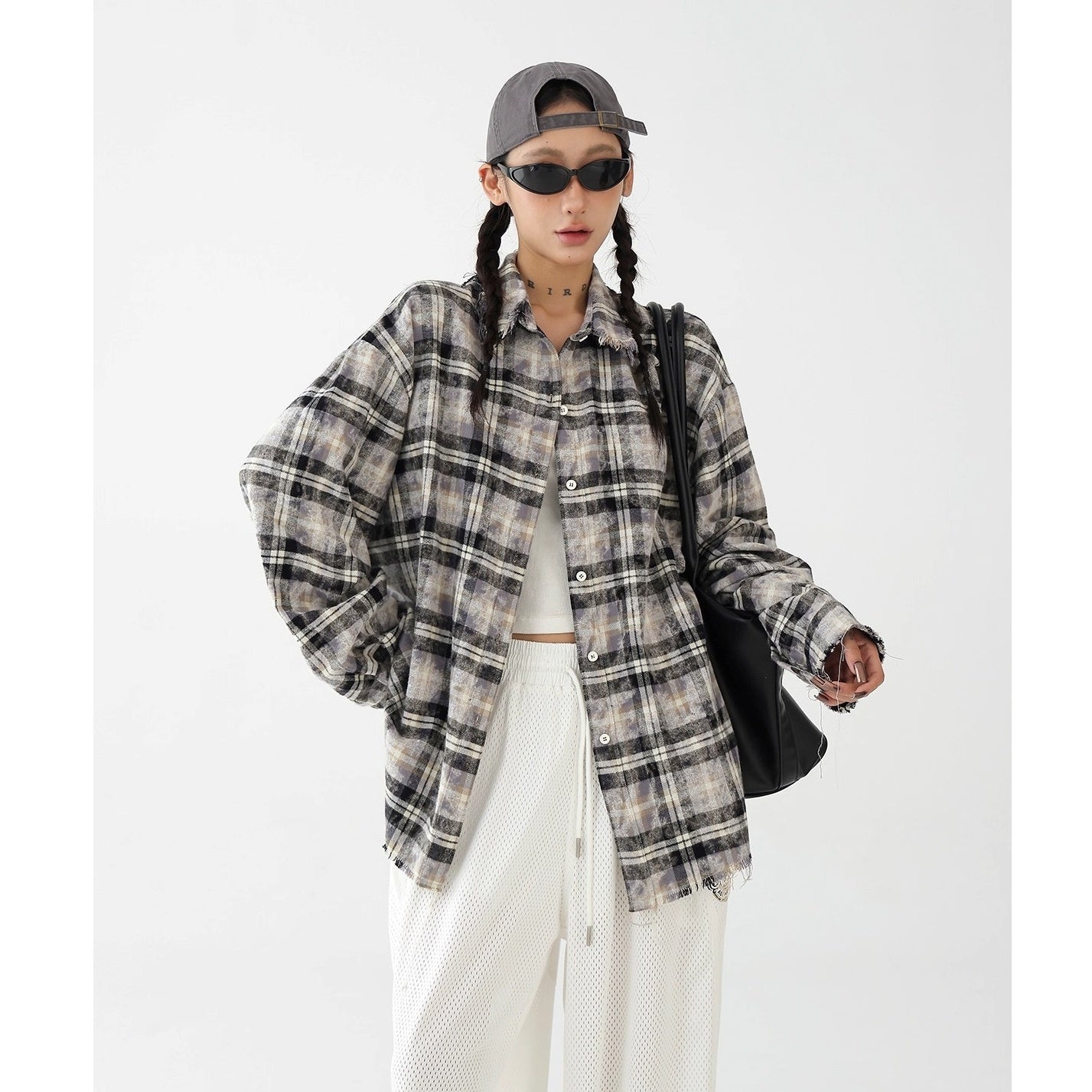 Plaid Frayed Brushed Loose Fringe Shirt AC7151