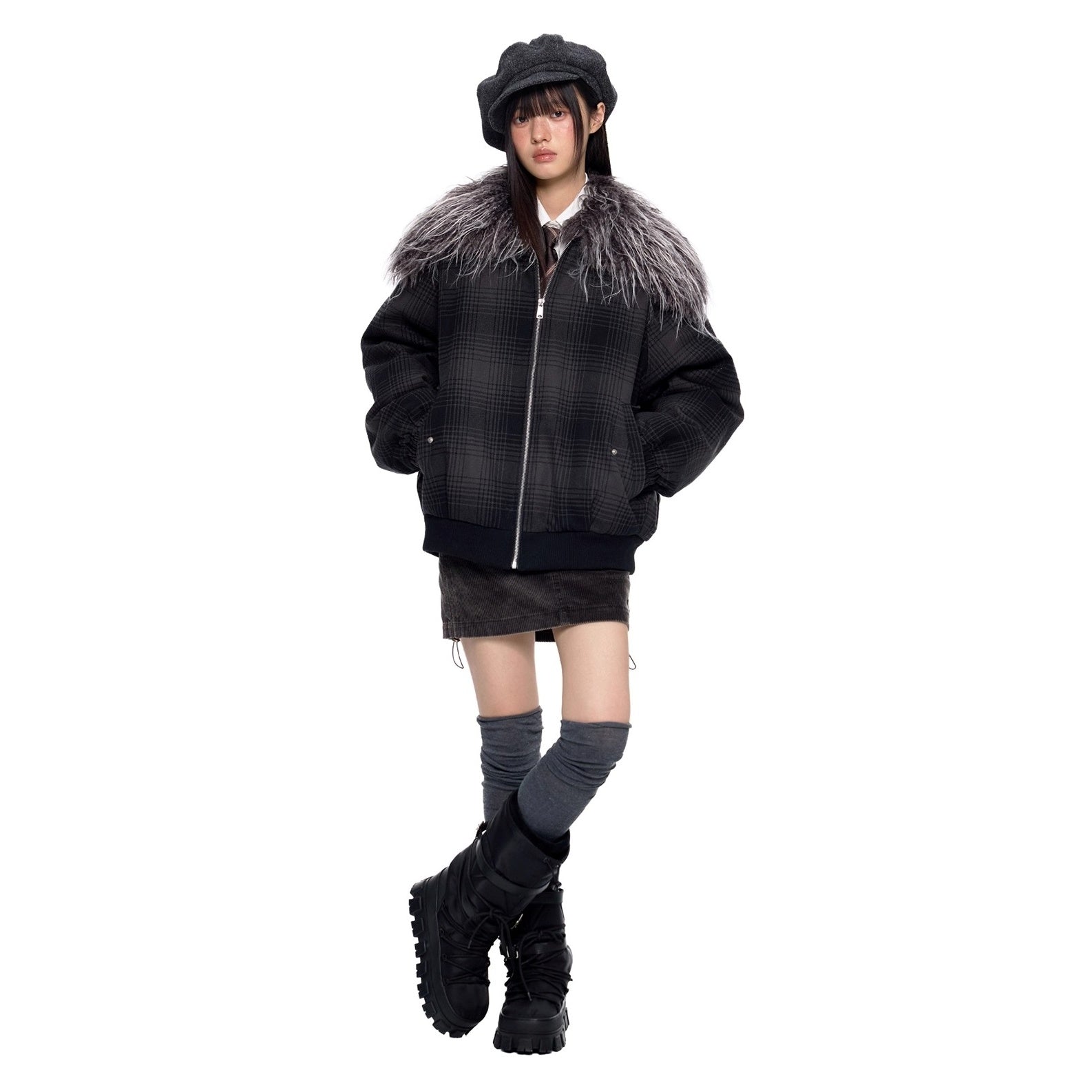 Fur Collar Shawl Plaid Jacket EZ249