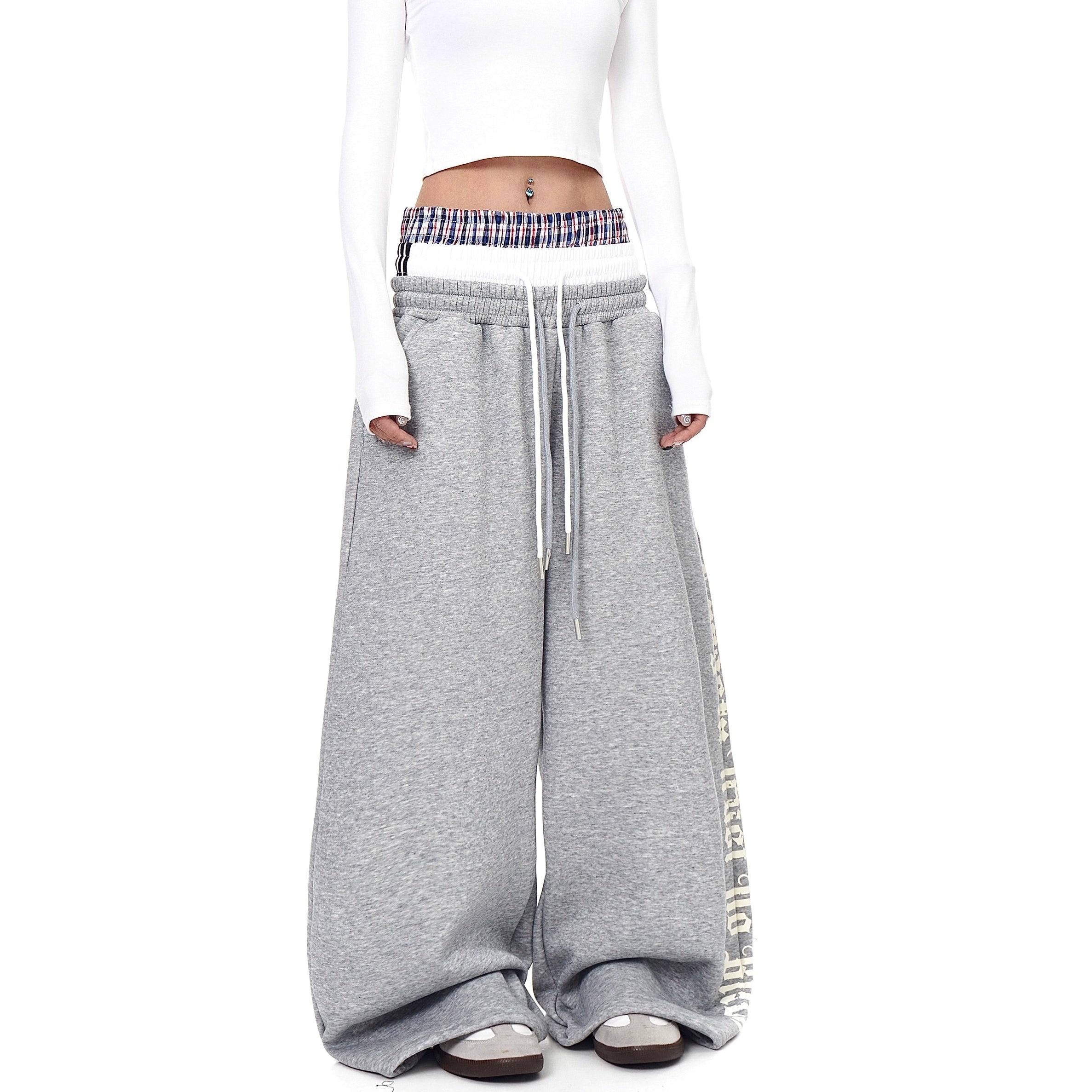 Triple-waist Patchwork Letter Drawstring Sweat Pants BK7063