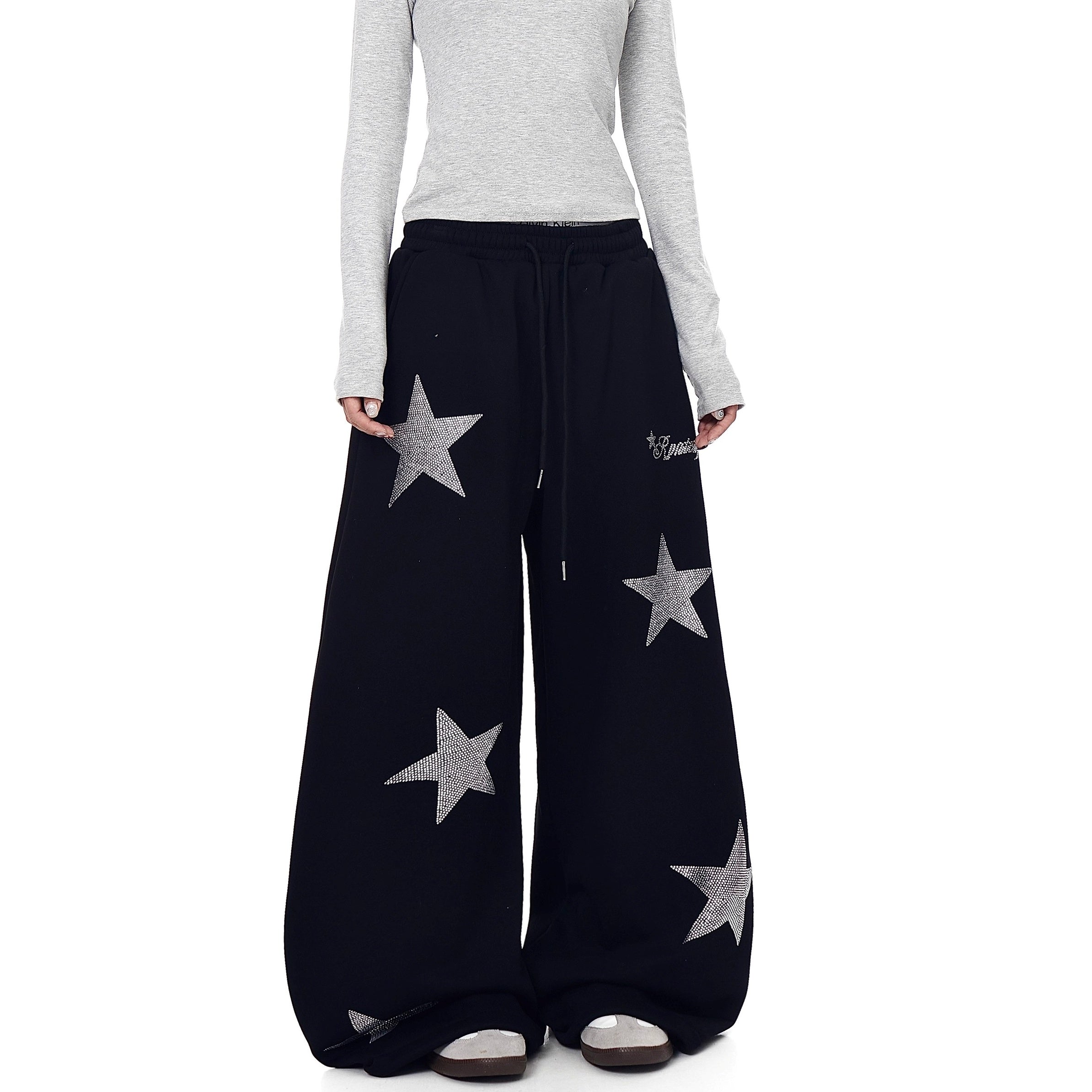 Star Rhinestone Design Curve Sweat Pants BK7060