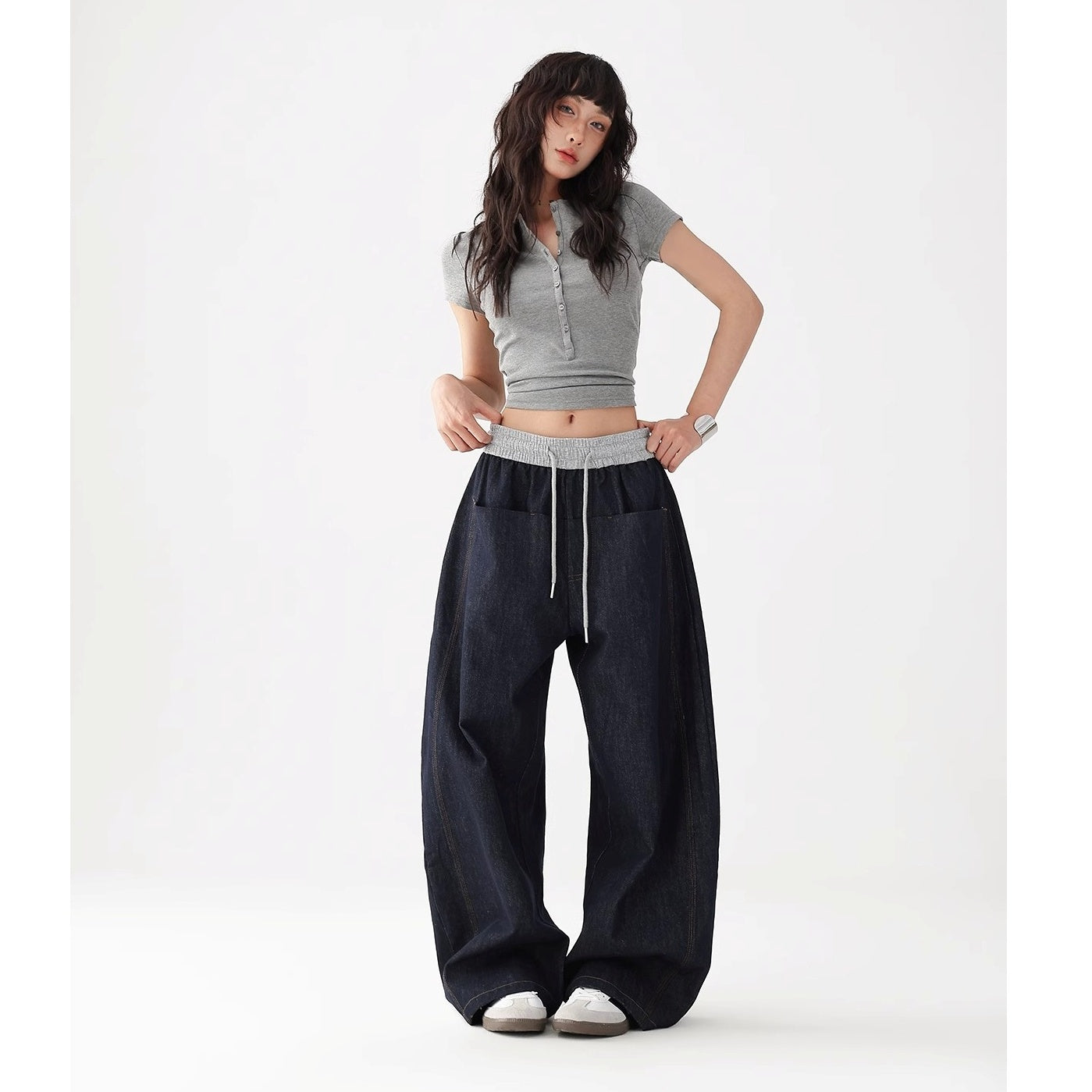 Panelled Elasticated Waistband Loose Curve Jeans AC7121