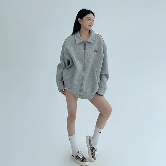 Drop Shoulder Embroidered Lapel Sweat Jacket OS2040