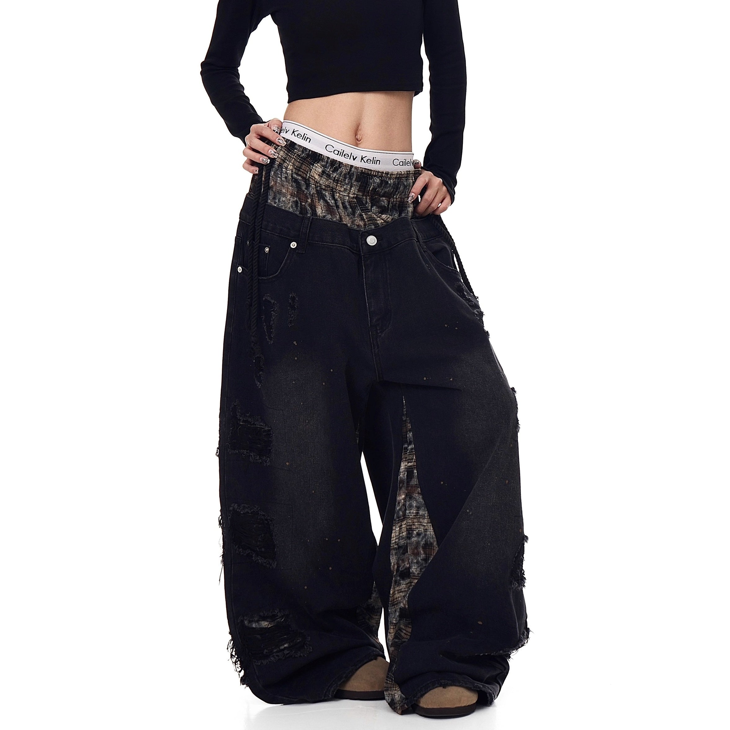 Double Waist Splicing Ripped Curve Jeans MW10273