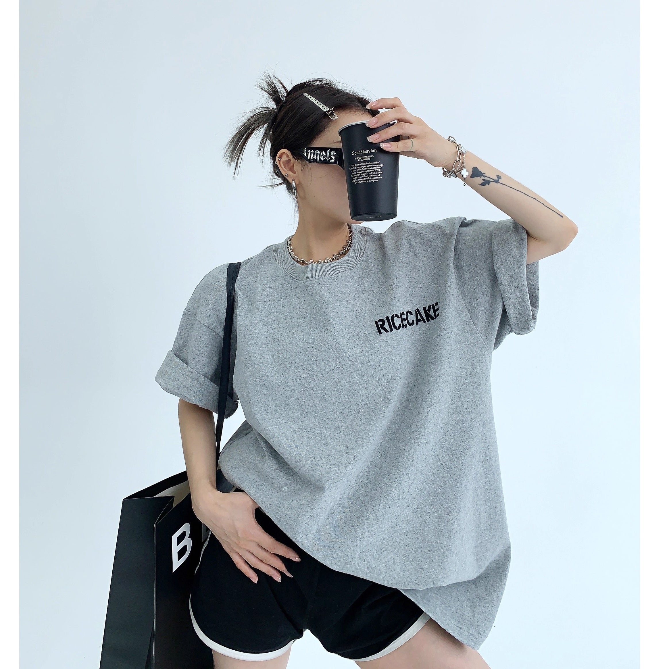 Simple Flocking Print Loose T-shirt OS2006