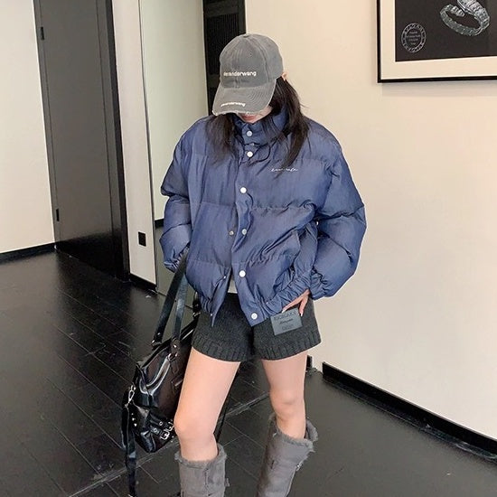 Denim Fabric Cropped Puffer Jacket OS2062