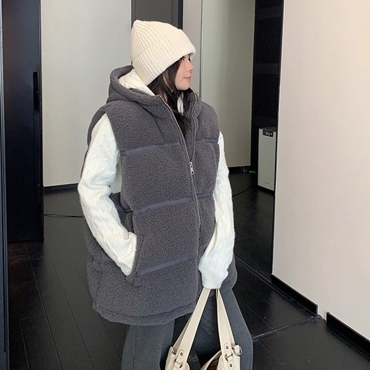 Loose Hooded Boa Padded Vest OS2073