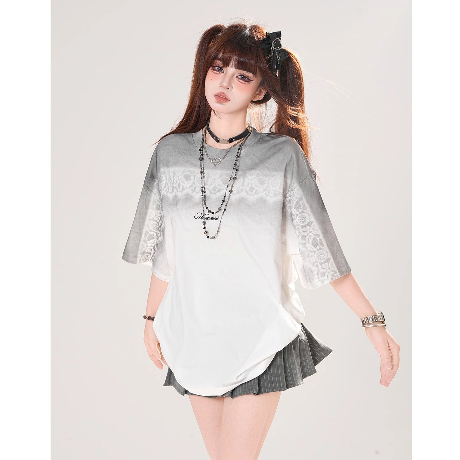 Lace Print Gradation Loose T-shirt KK2071