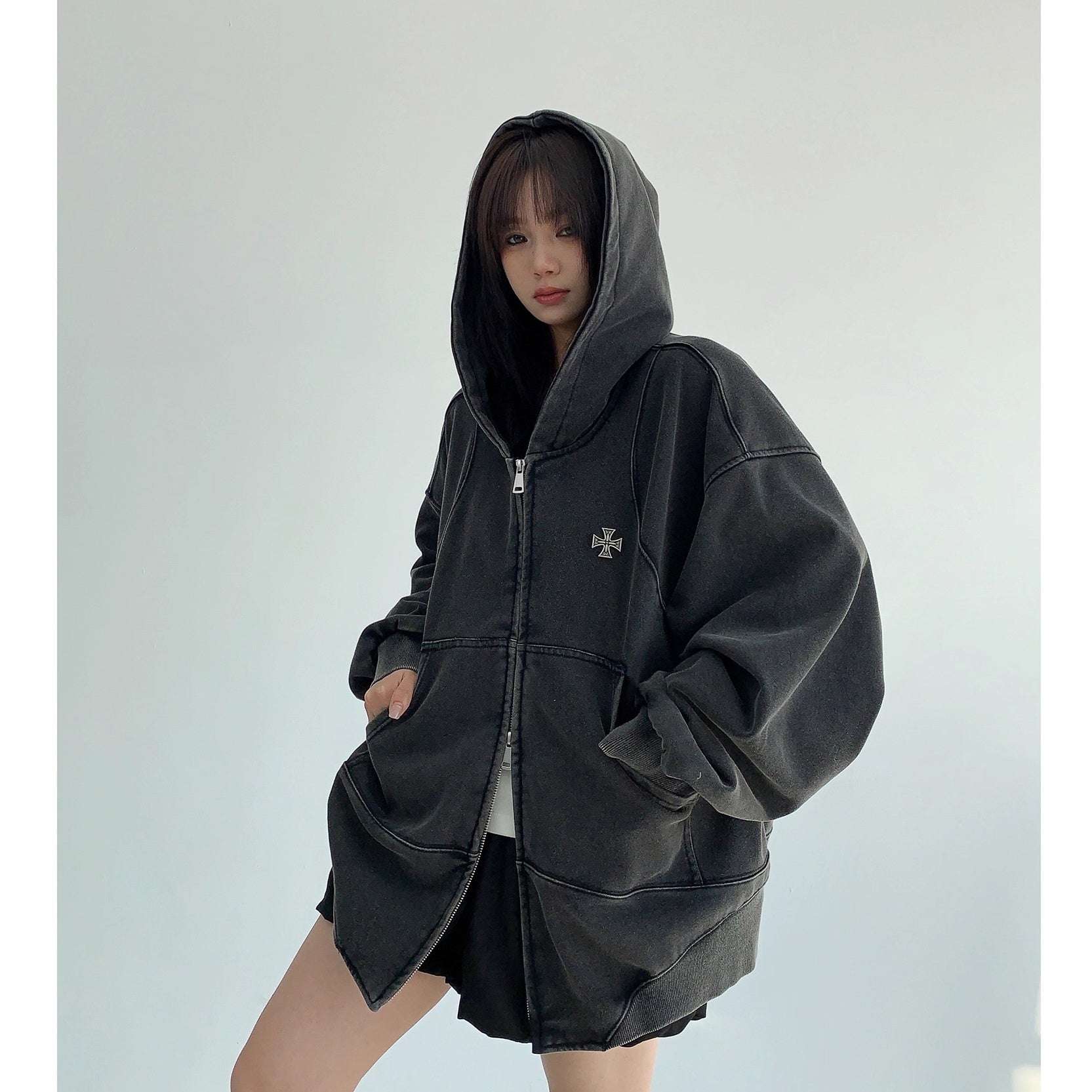 Wash Vintage Cross Badge Loose Hooded Jacket MW10281