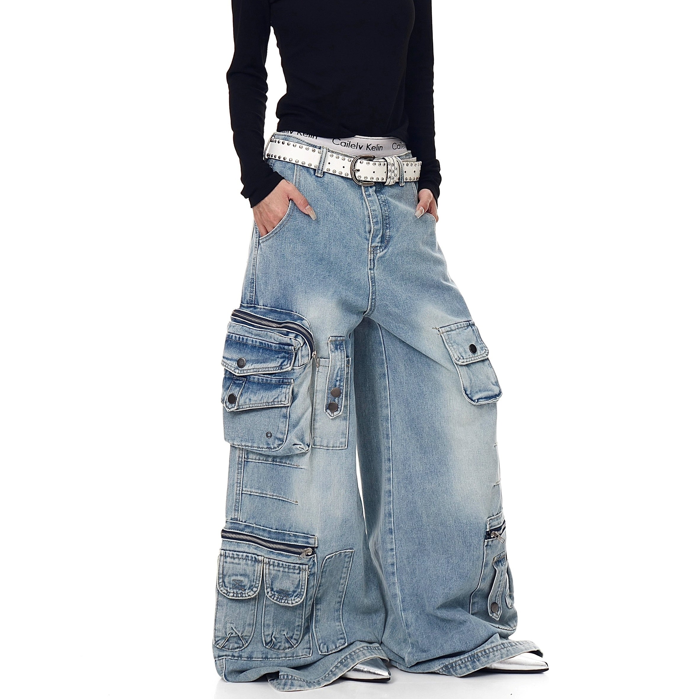 Washed Wide Buggy Cargo Jeans BK7028